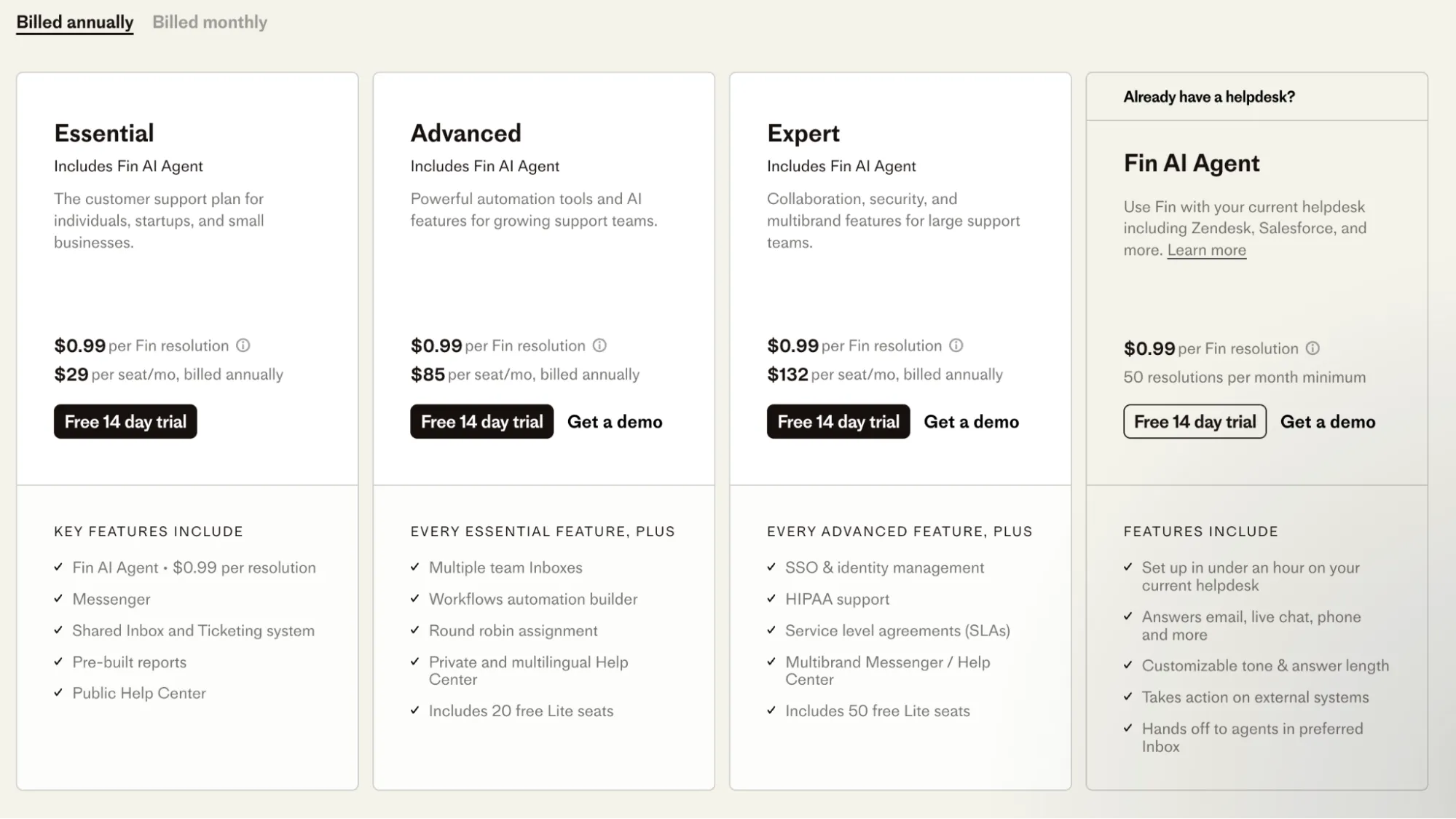 Intercom pricing plans for customer support, including Essential, Advanced, Expert, and Fin AI Agent options with features.