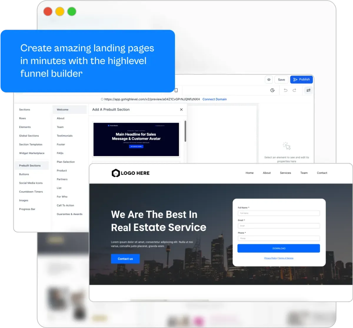 Go High Level landing page and funnel builder interface, showing how to create marketing pages quickly with prebuilt sections.