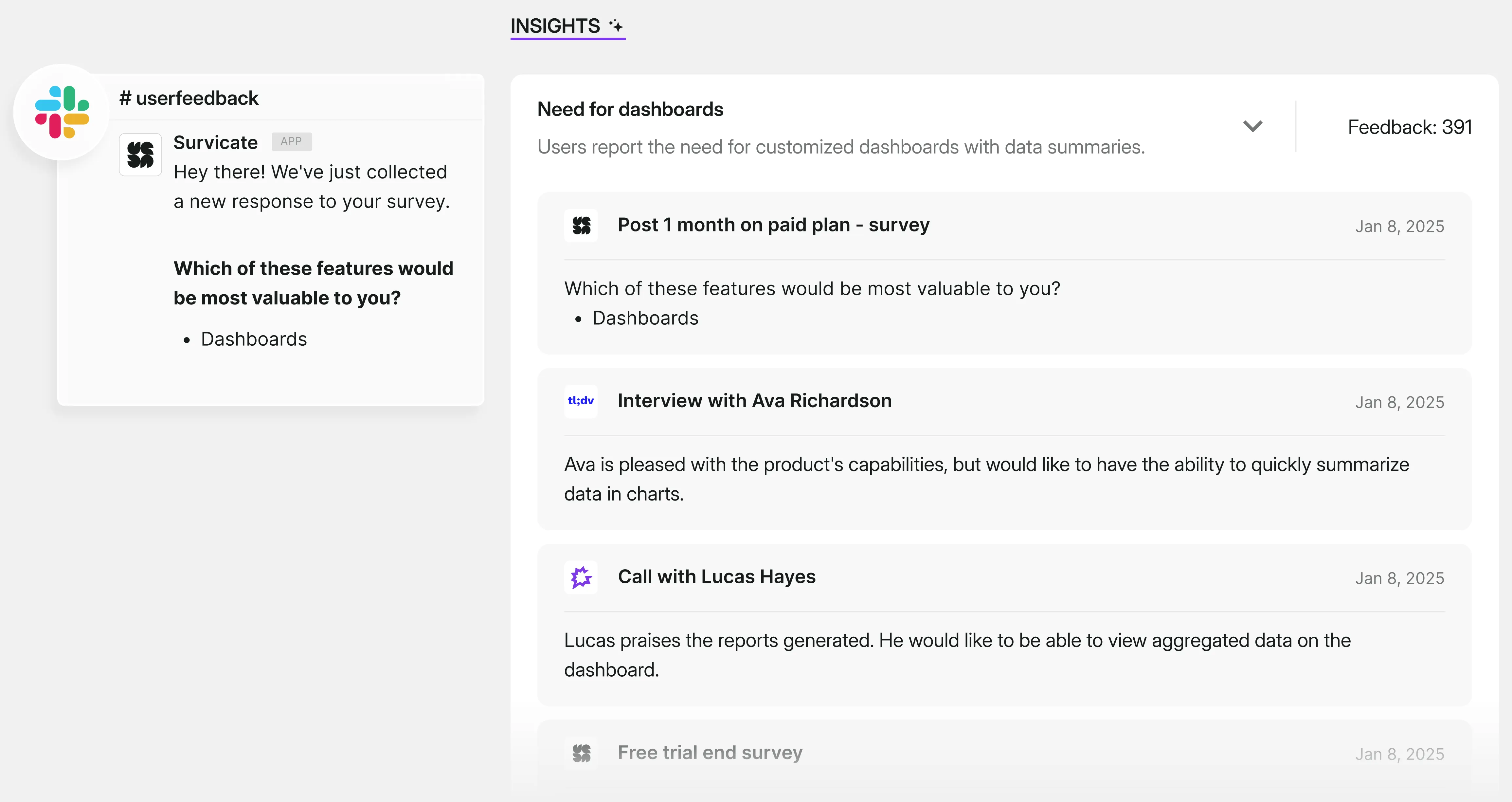 Survicate's Insights Hub image, showing automatically analyzed insights, categorized and linked back to the actual source