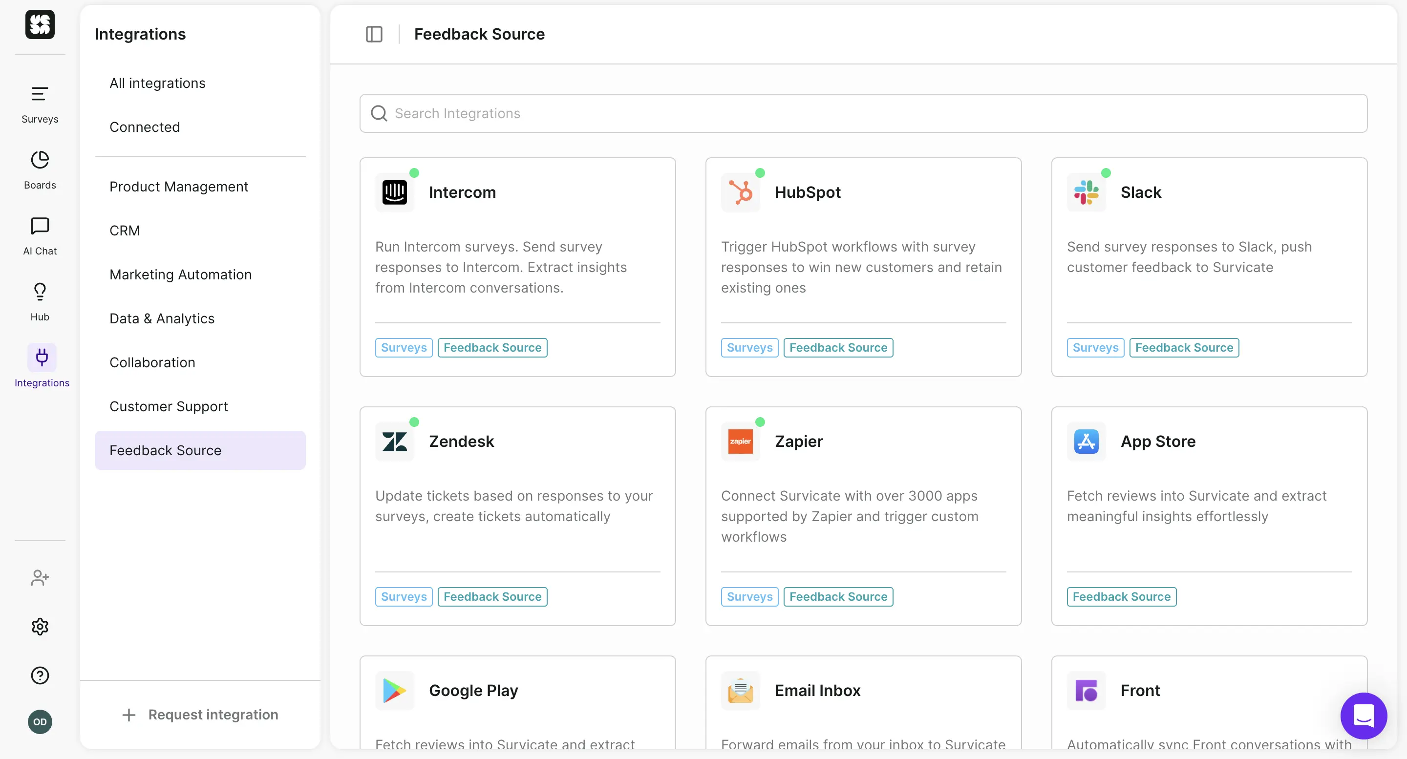 When connecting data from a third-party tool, we simply click “Add feedback” and then choose “Integration” to then select the actual tool you want Insights Hub to extract data from.