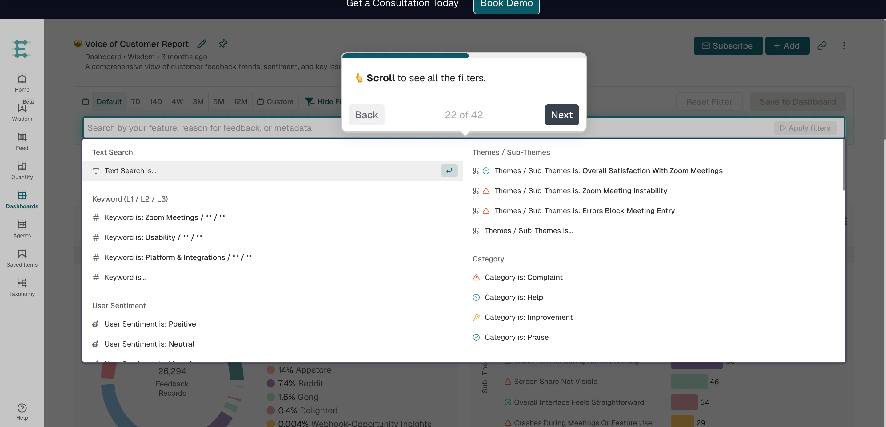 Extensive filtering on Enterpret's Dashboards