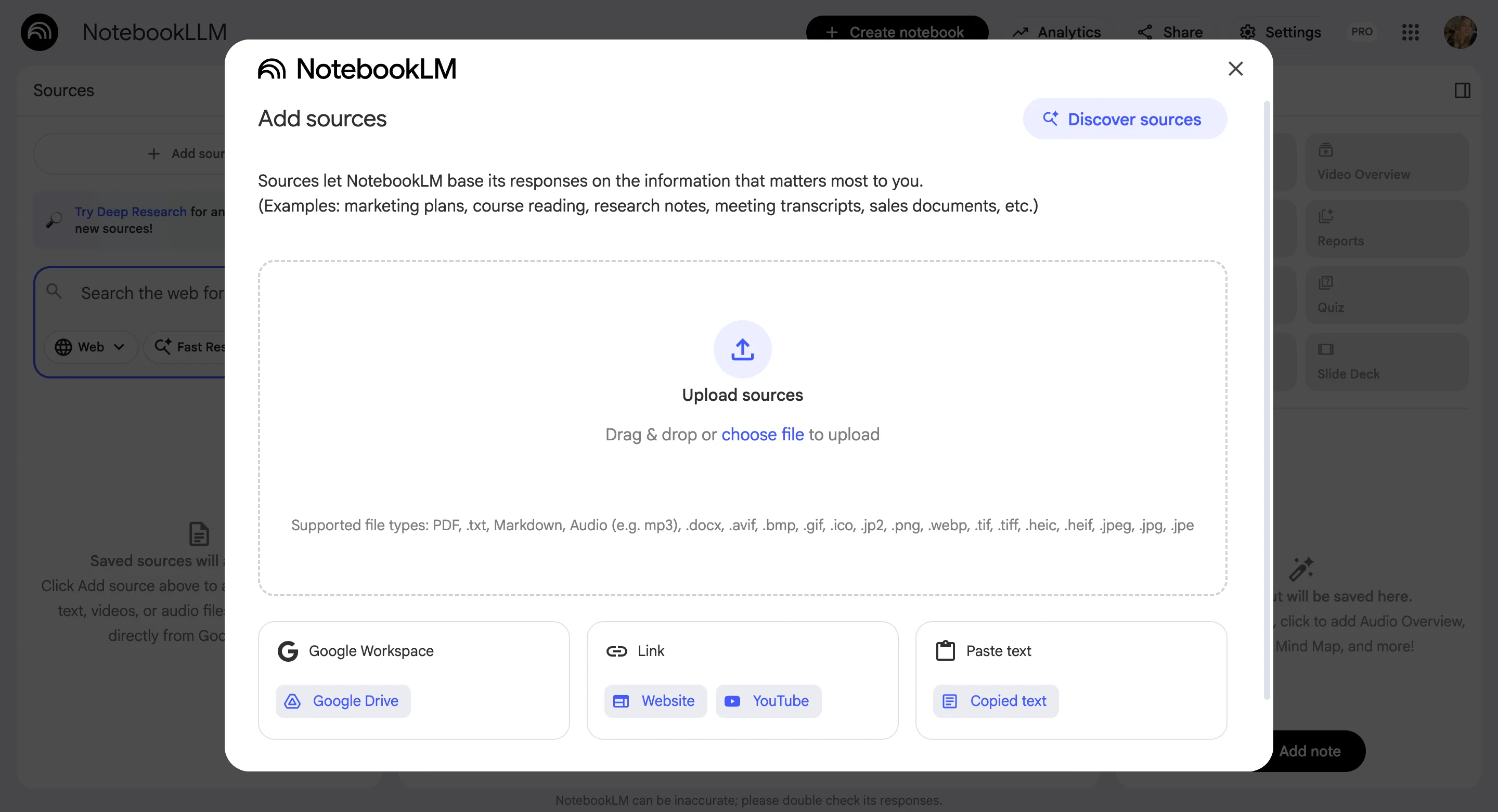 Uploading research data sources into NotebookLM
