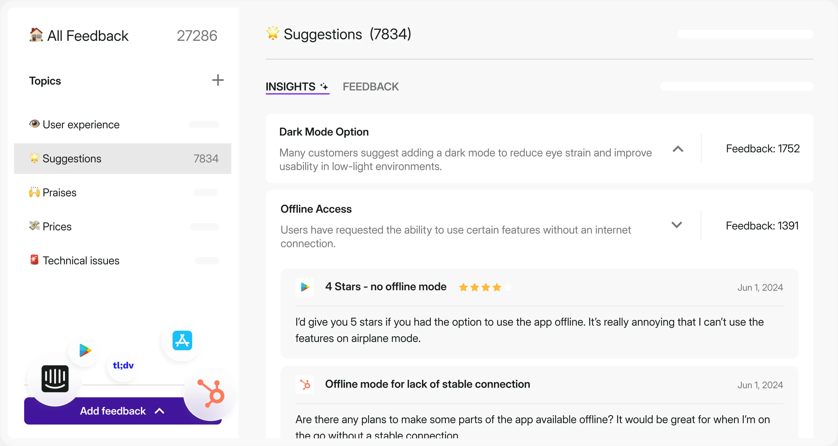 Insights Hub centralizes all your user feedback, from across sources, whether that's customer interview calls or App Store reviews