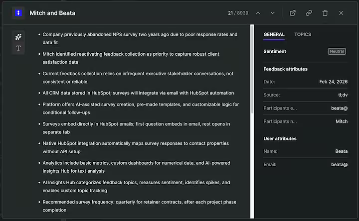Survicate automatically transcribes video calls to feed your research repository