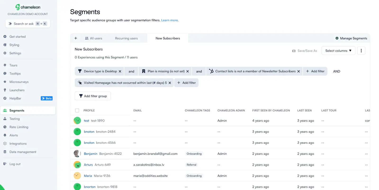 Example Segments view in Chameleon tool for product adoption