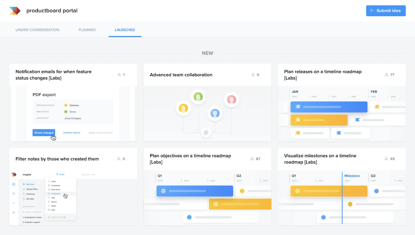 Product adoption software: Productboard and its example productboard portal for launched features