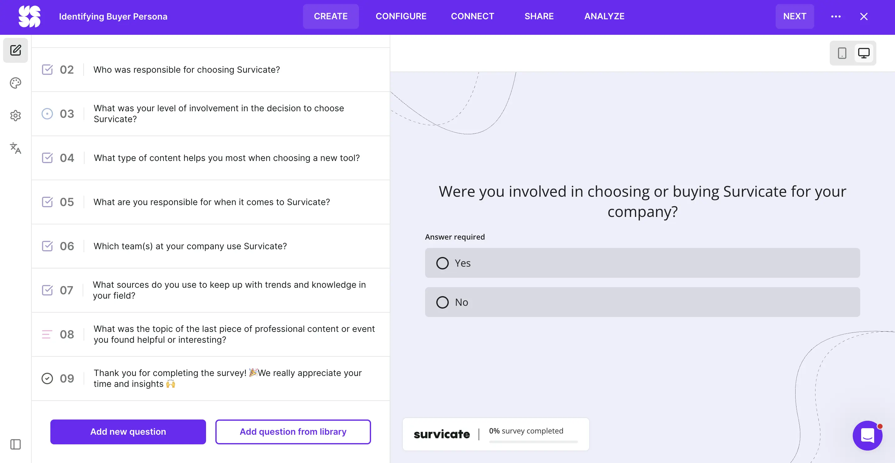 Survey example for identifying buyer persona at Survicate.