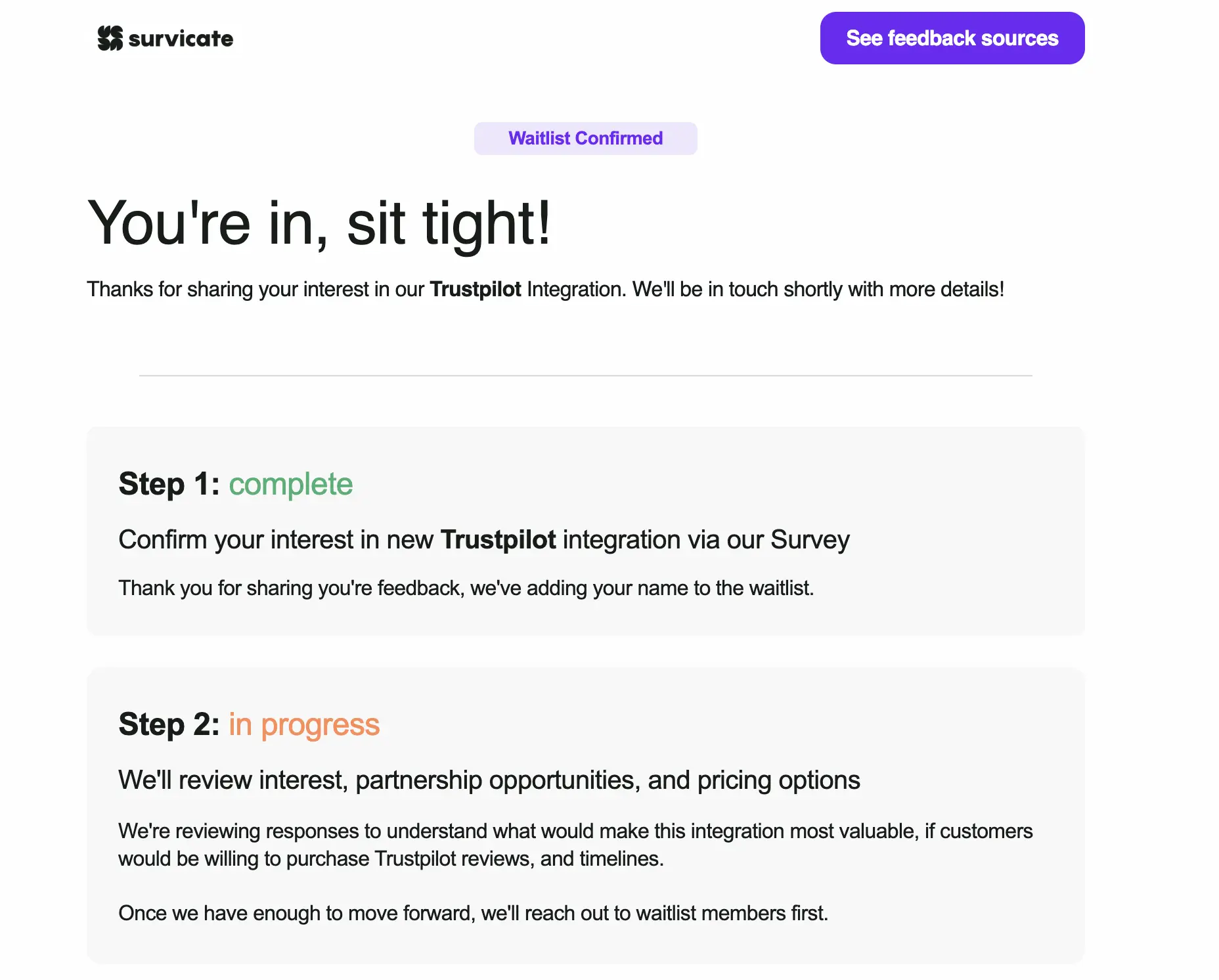Example email informing Survicate users of next steps following their new feature feedback.