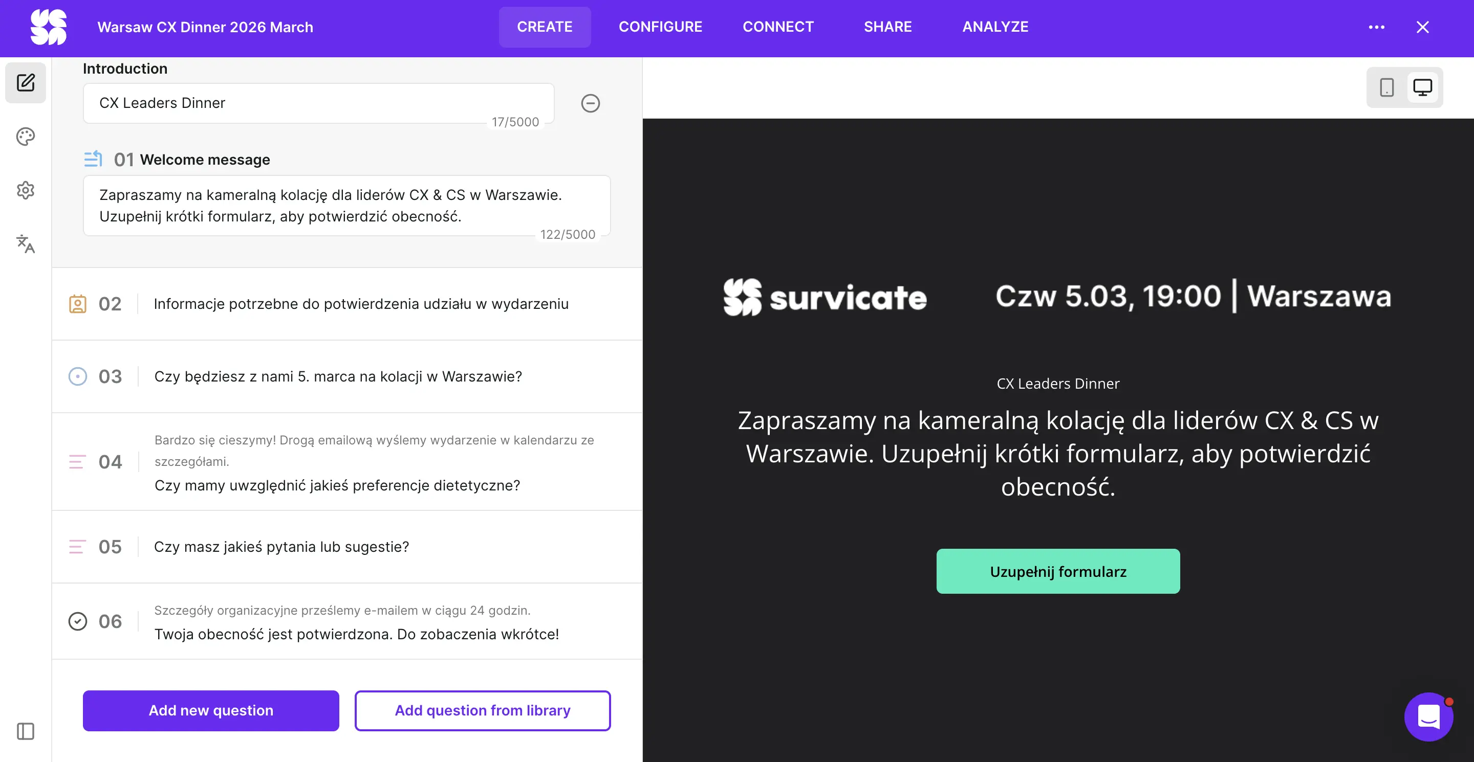 Example event registration survey