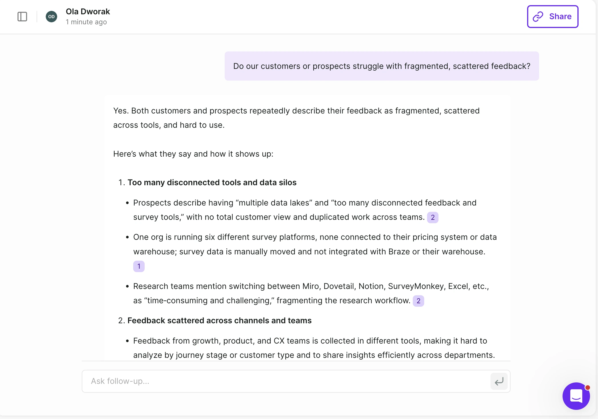 Looking for relevant content ideas in Research Assistant (AI chat based on feedback data)