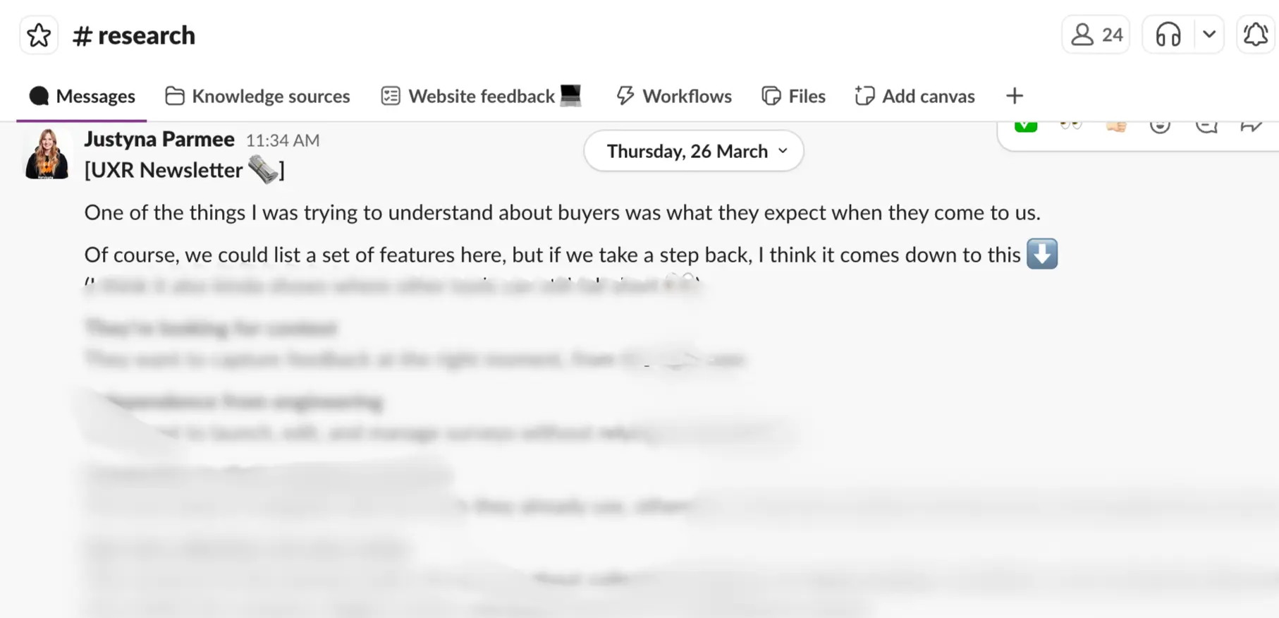Example of the internal ux research newsletter I'm sharing with multiple stakeholders on Slack.