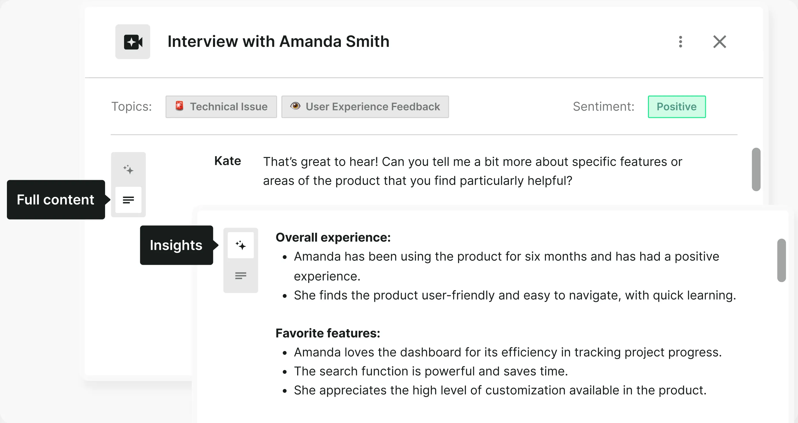 Screenshot from Survicate's Insights Hub that automatically categorizes insights from multiple sources, helping you spot patterns faster.