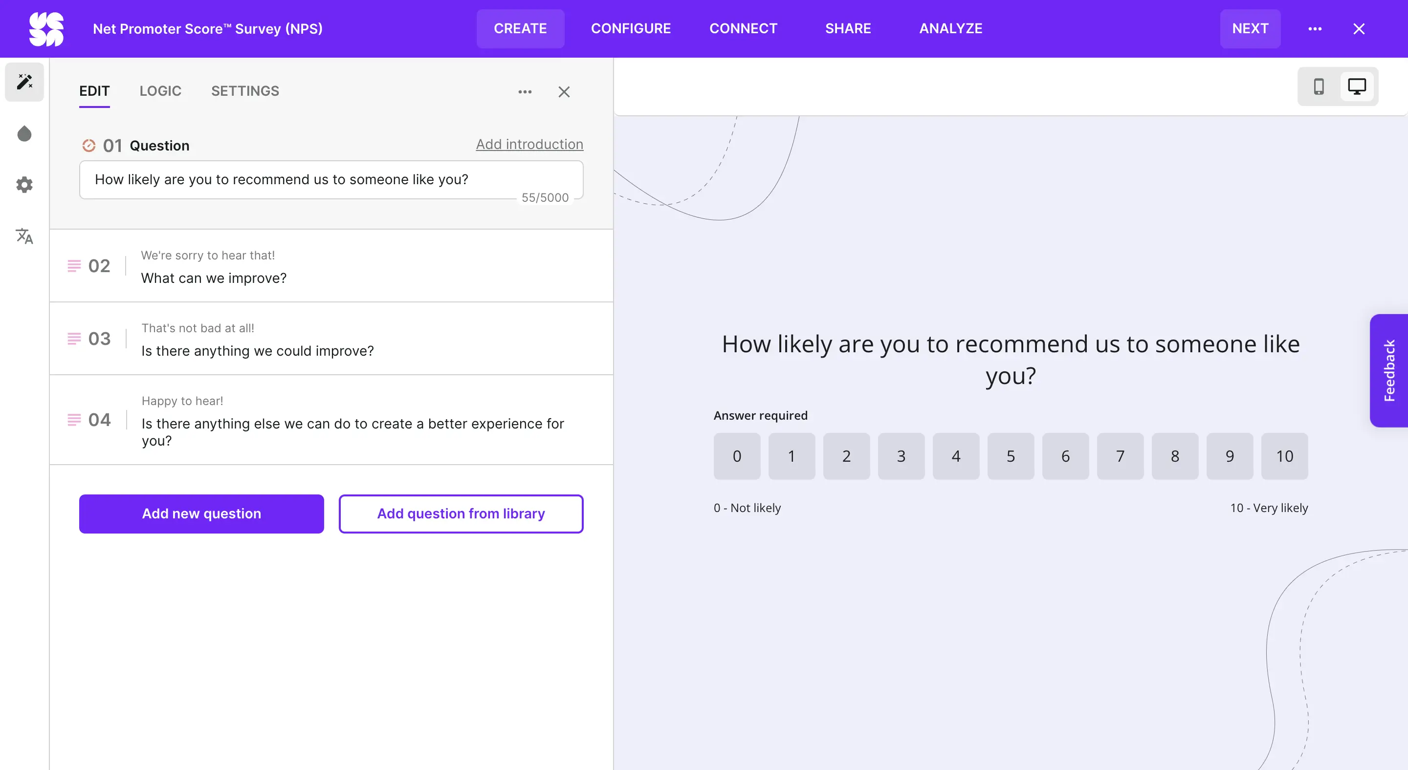 Example NPS survey in Survicate - a survey tool integrating with Salesforce to connect customer insights and sales data.