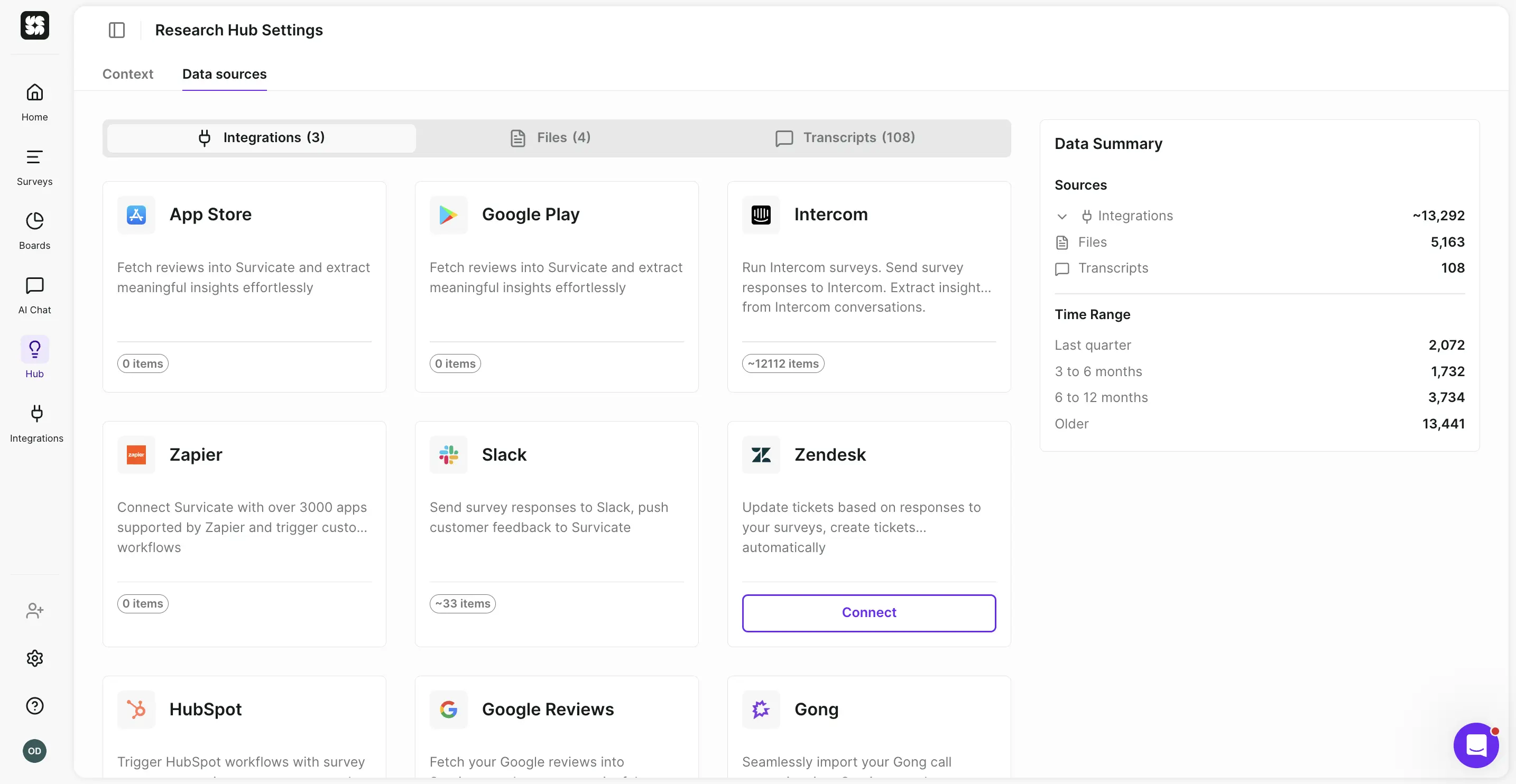 Research Hub Data sources settings, showing integration tiles for App Store, Google Play, Intercom, Zapier, Slack, Zendesk, HubSpot, Google Reviews, and Gong, with a data summary panel counting sources by time range.