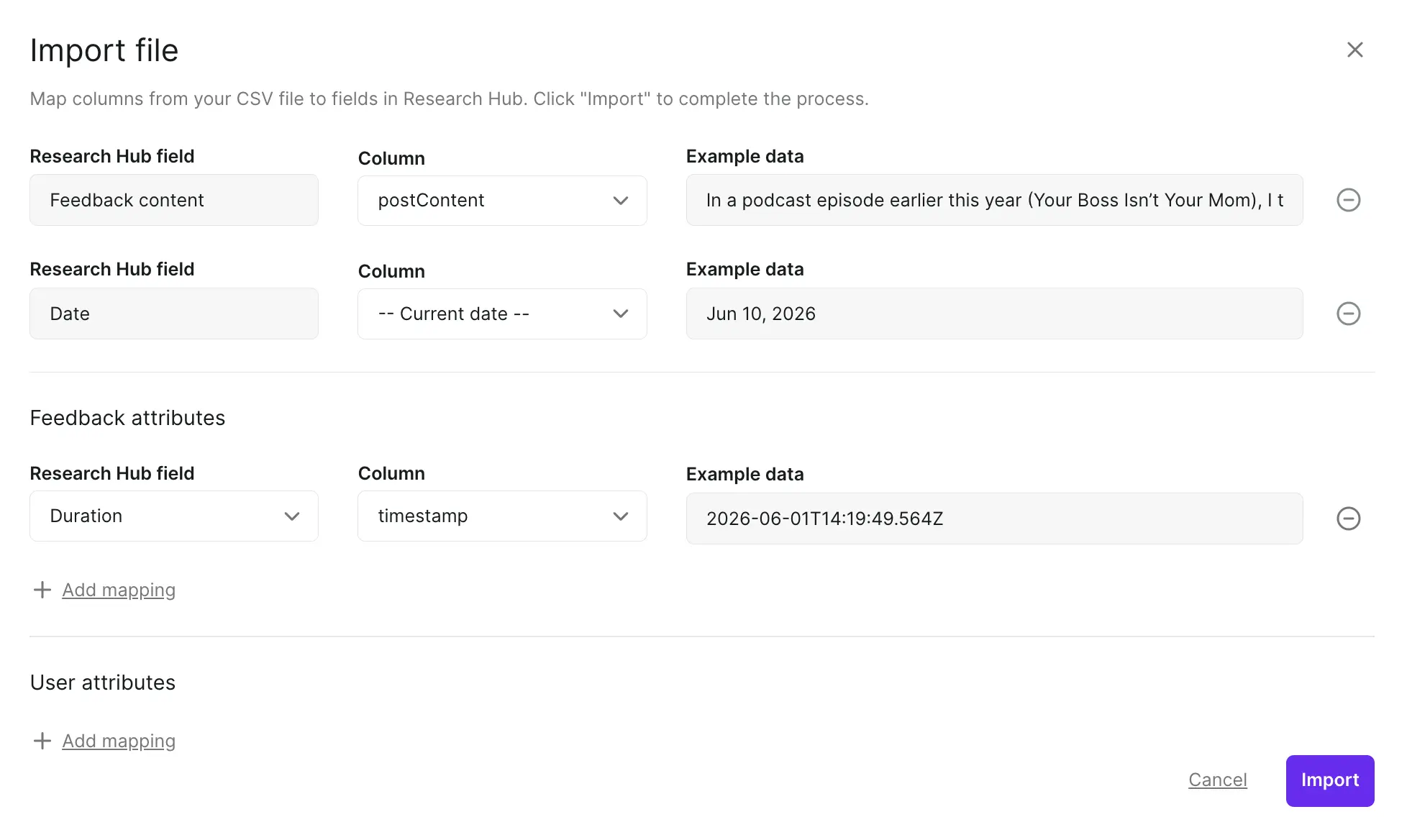 Research Hub "Import file" dialog mapping CSV columns to fields, with feedback content, date, and a duration attribute matched to example data before import.