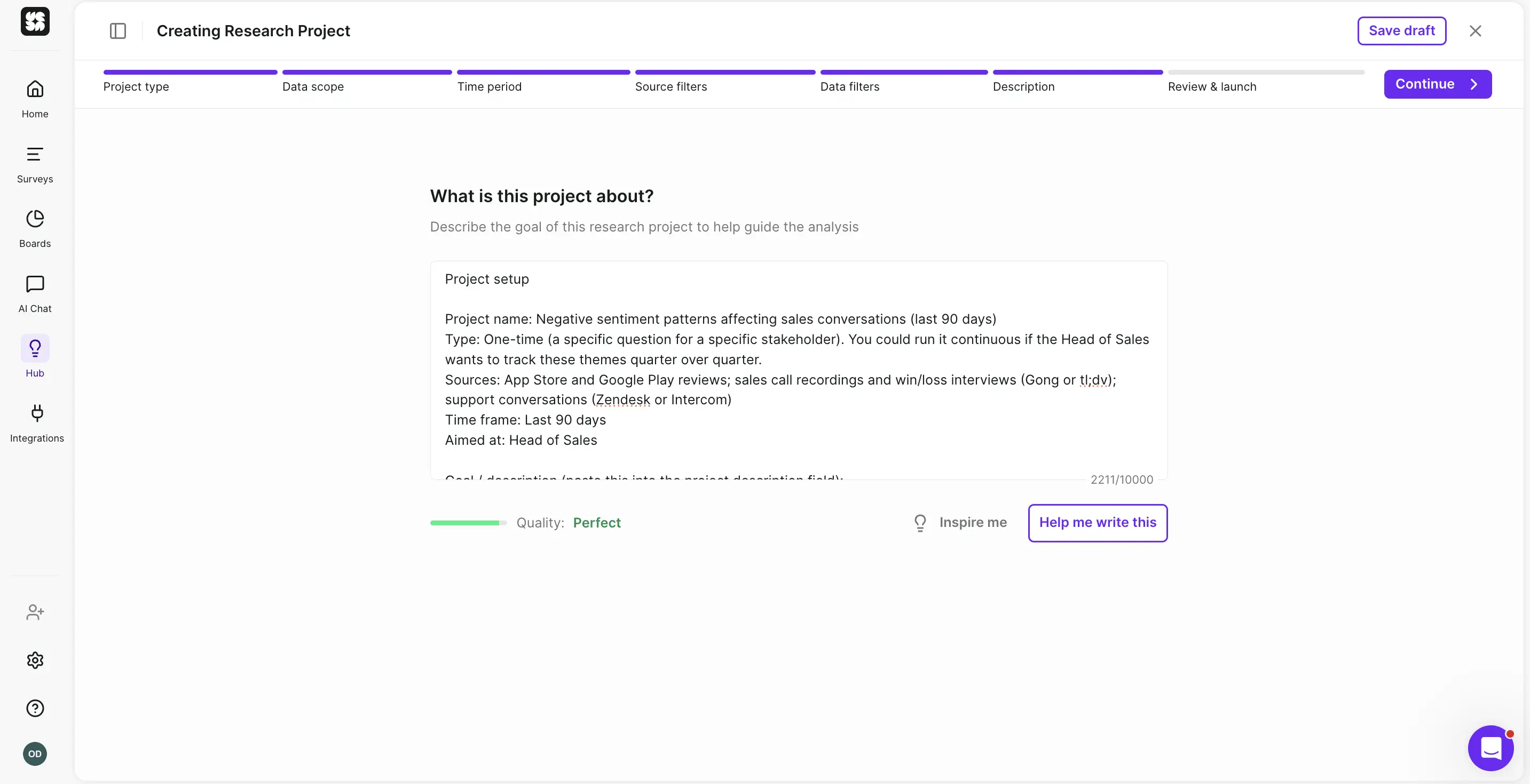 Research Hub new research project wizard on the description step, with a project brief about negative sentiment patterns in sales conversations and a "Quality: Perfect" indicator.