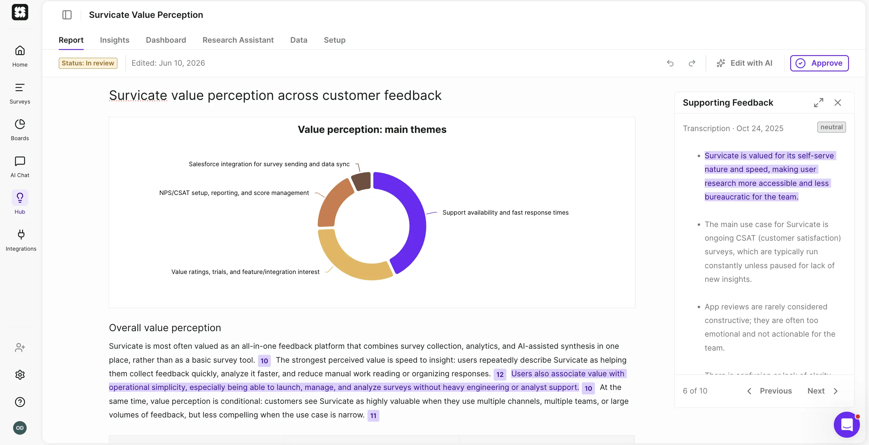 Research Hub report view with a "Supporting Feedback" panel open on the right, showing a source-linked transcription quote that backs up a finding in the report.