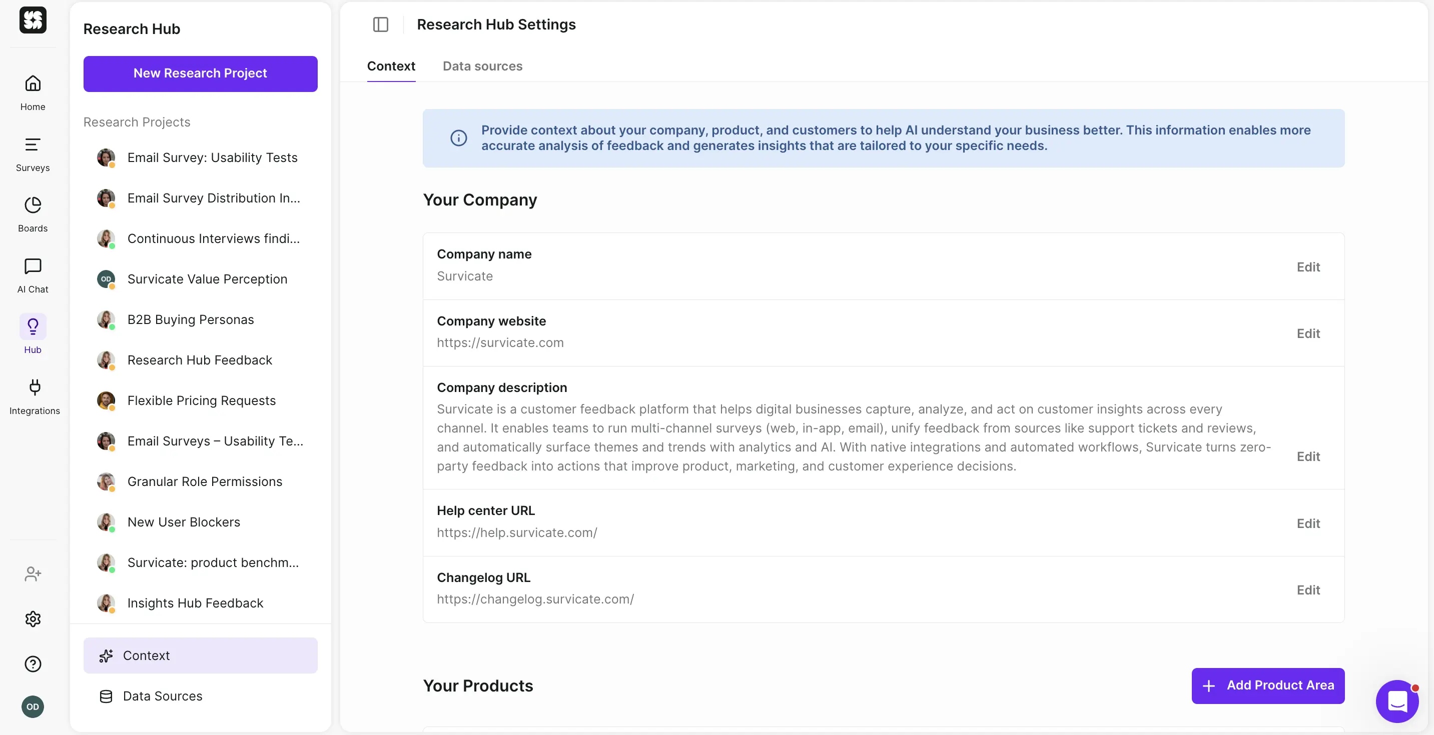 Research Hub Context settings, showing company details Survicate uses to ground AI analysis, including company name, website, description, help center URL, and changelog URL.