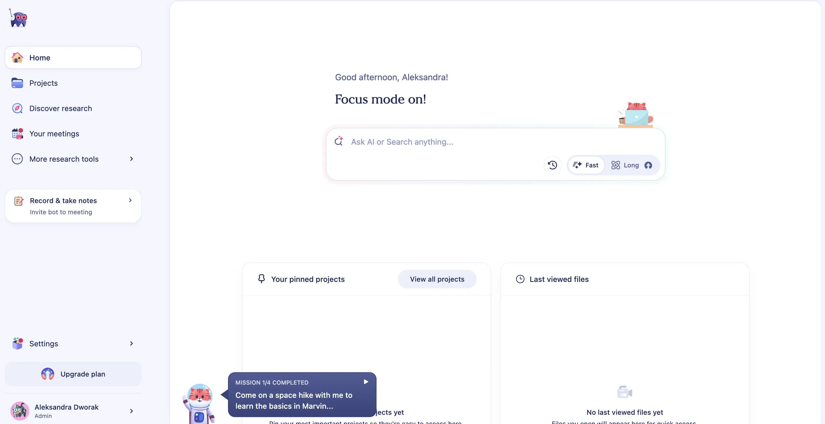 Marvin (HeyMarvin) home screen with an "Ask AI or Search anything" bar, pinned projects and last-viewed-files panels, and an onboarding prompt from a mascot character.