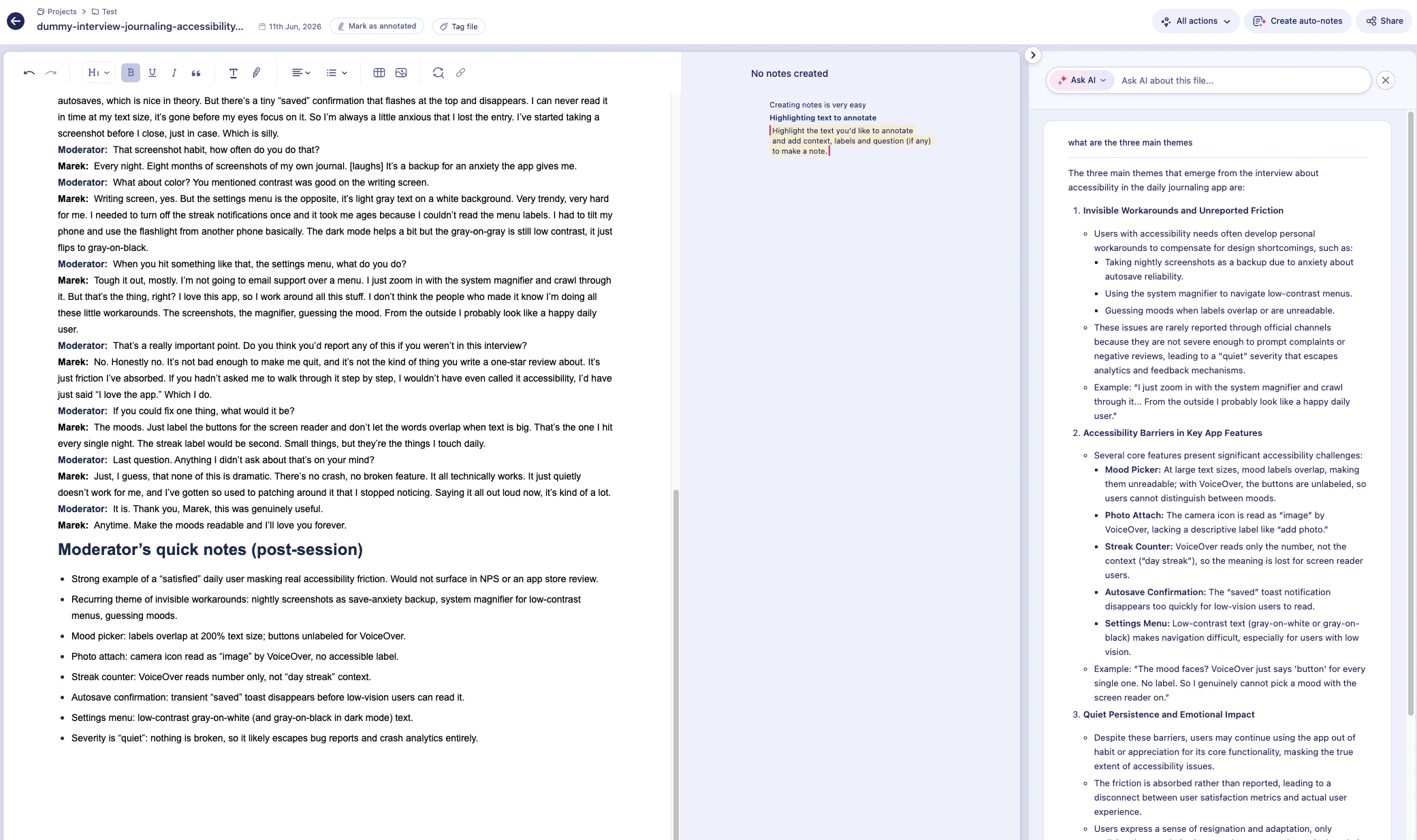 Marvin file view of an accessibility interview transcript, with a notes column in the middle and an "Ask AI" panel on the right answering "what are the three main themes" with a structured list of findings.