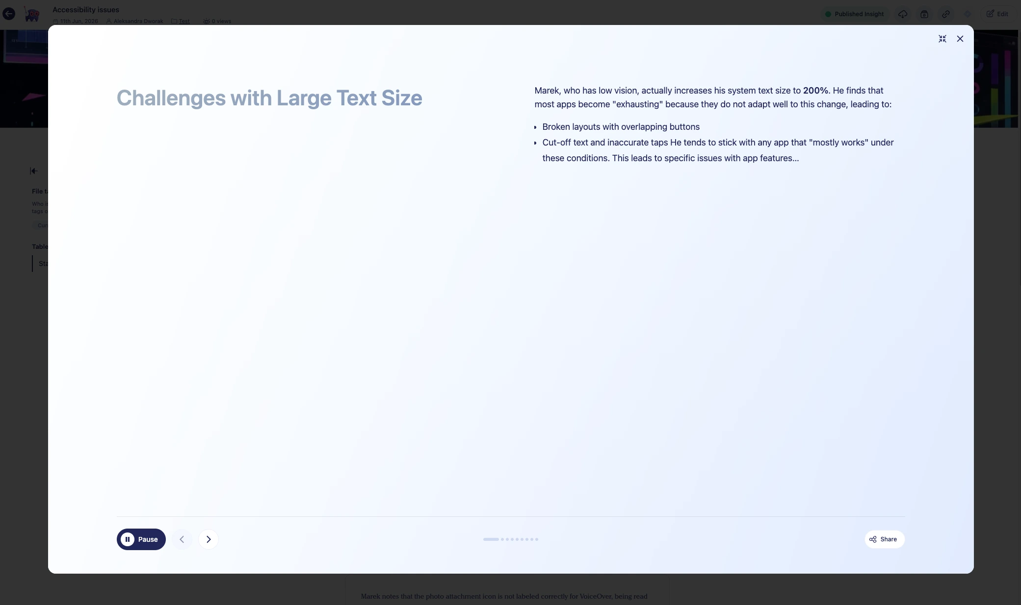 Marvin's AI-generated presentation playing back a slide titled "Challenges with Large Text Size," summarizing a participant's low-vision issues, with pause and navigation controls at the bottom.