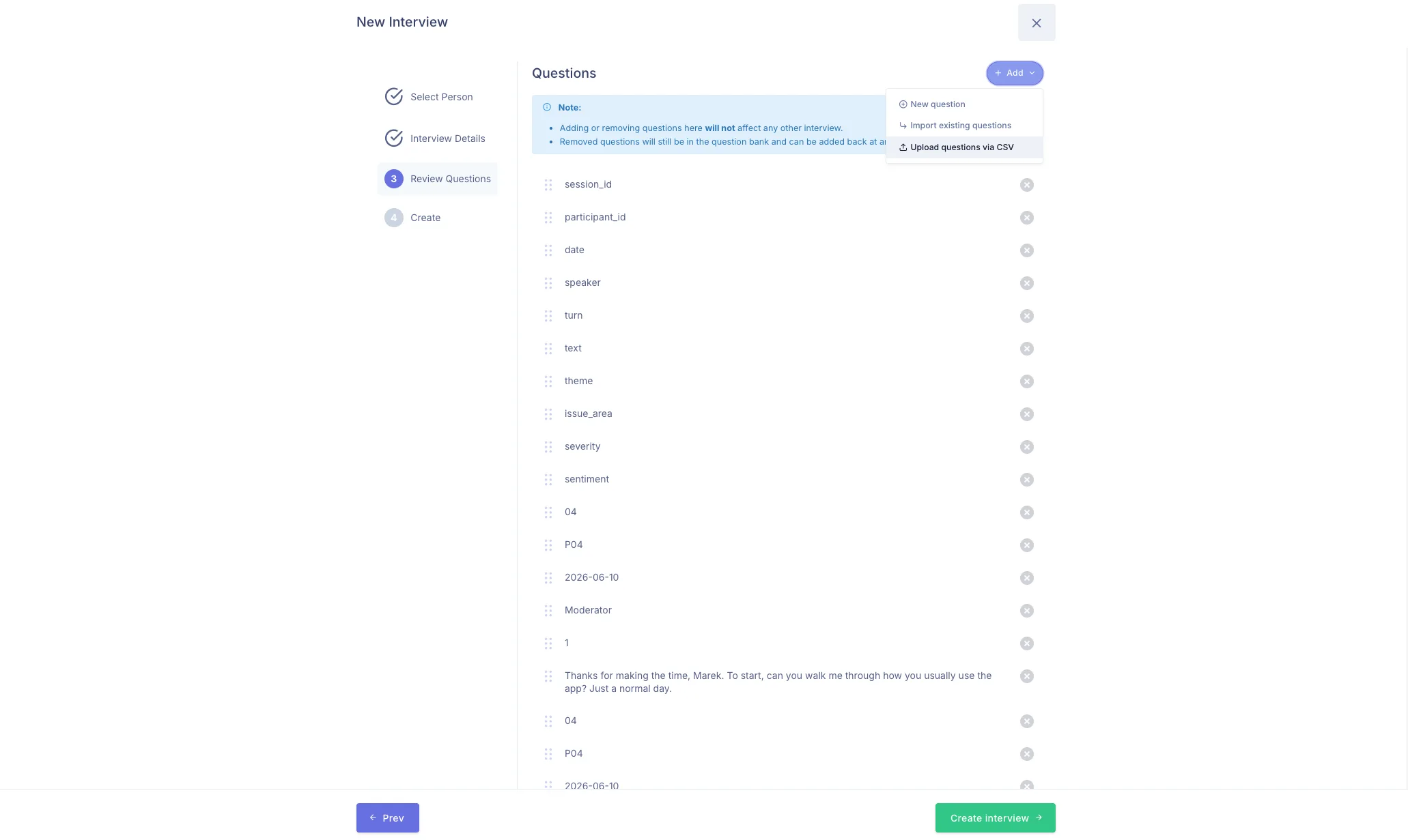 Marvin's "New Interview" wizard on the Review Questions step, with an Add menu open showing "Upload questions via CSV," and a list of imported fields and rows from a CSV including session_id, participant_id, date, speaker, and turn text.