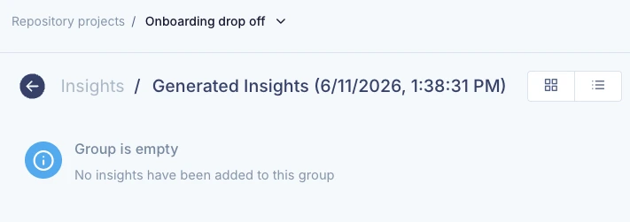 UserBit "Generated Insights" group inside the "Onboarding drop off" project, showing an empty state that reads "Group is empty, no insights have been added to this group."