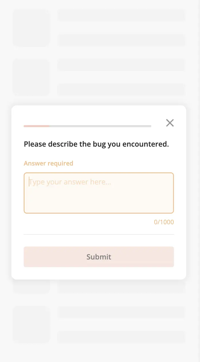 Survicate survey shown as an in-product popup over Claude Design, asking "Please describe the bug you encountered" with a progress bar, an open-text field with a 1,000 character limit, and a Submit button styled in Anthropic salmon.