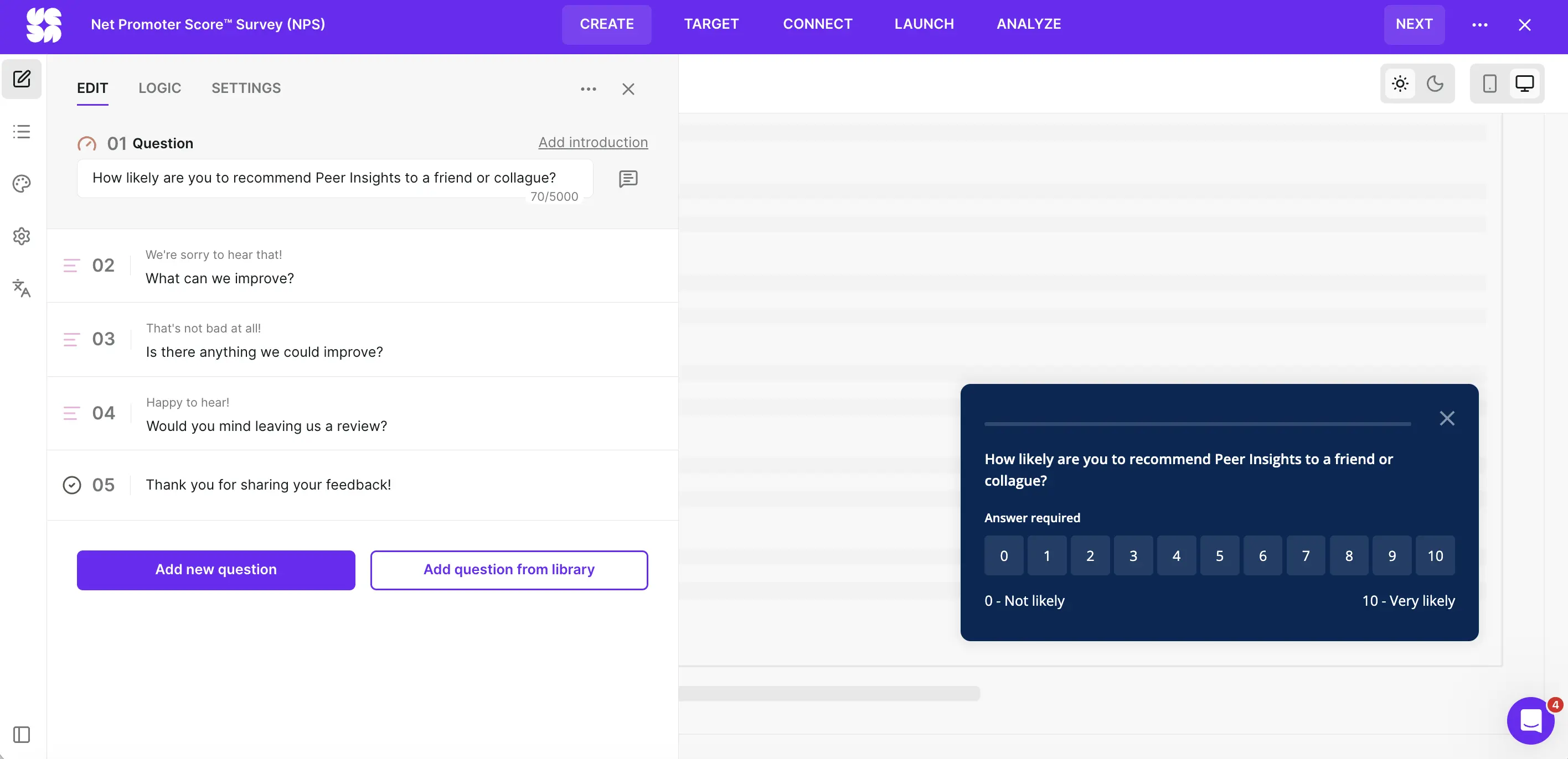 Survicate survey editor showing an NPS survey for Peer Insights, with branching follow-ups for detractors and promoters, and a preview using tappable 0 to 10 buttons labeled "Not likely" to "Very likely."