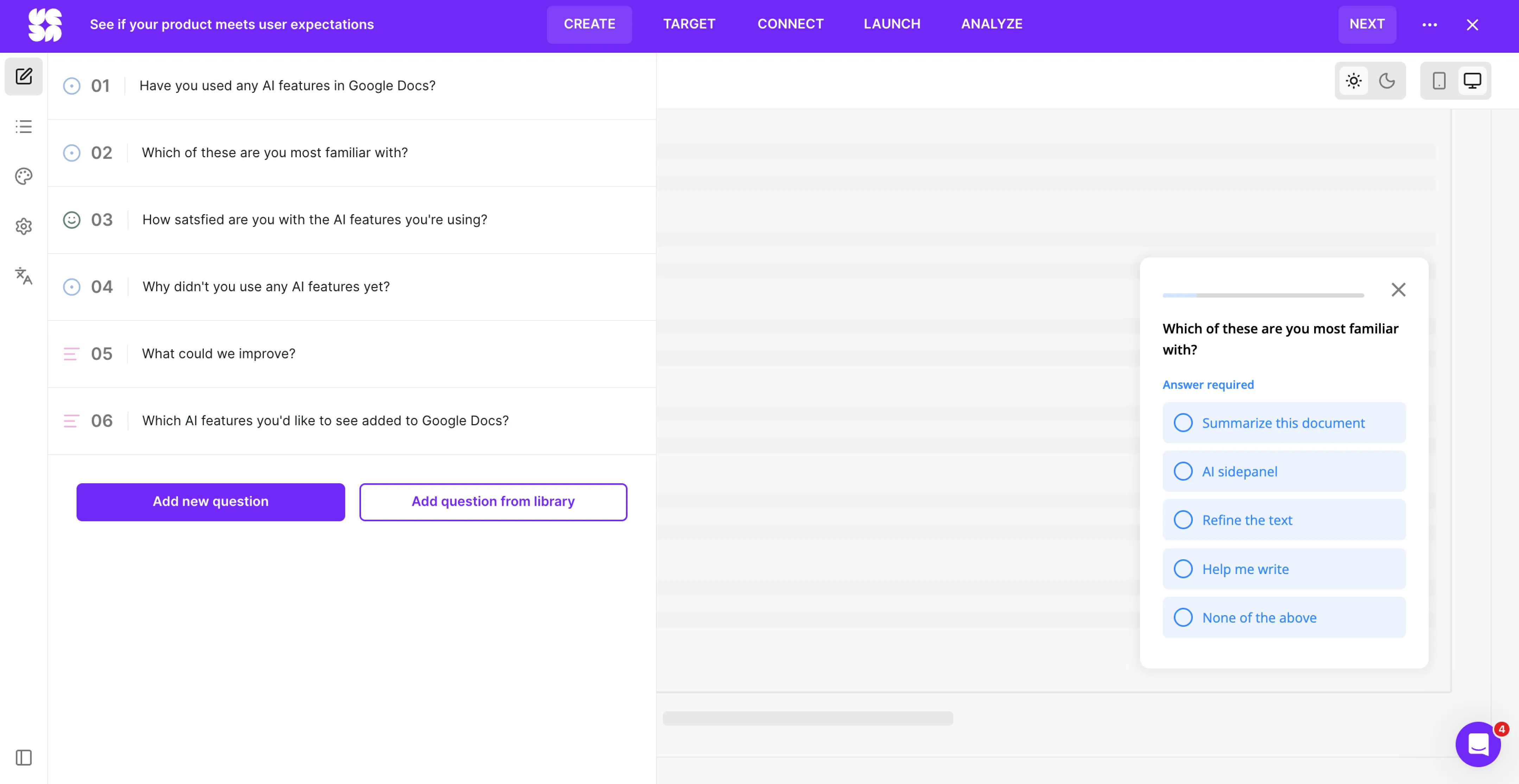 Survicate survey editor for a Google Docs AI-features survey, splitting recognition from usage across six questions with a follow-up on why users skipped the features, and a preview asking which features they know using plain UI labels with no parentheticals.