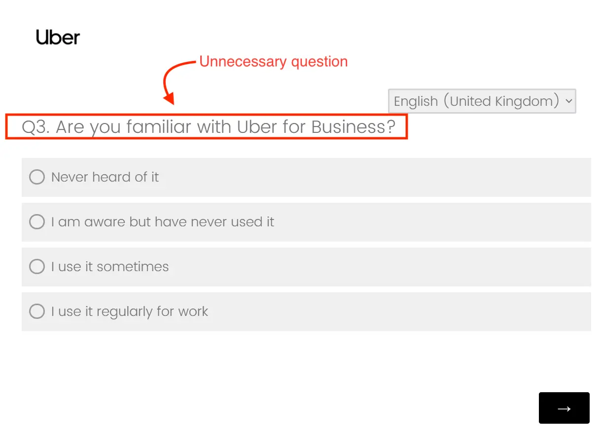 Uber for Business email survey built in Qualtrics, asking an active account holder whether they are familiar with Uber for Business.