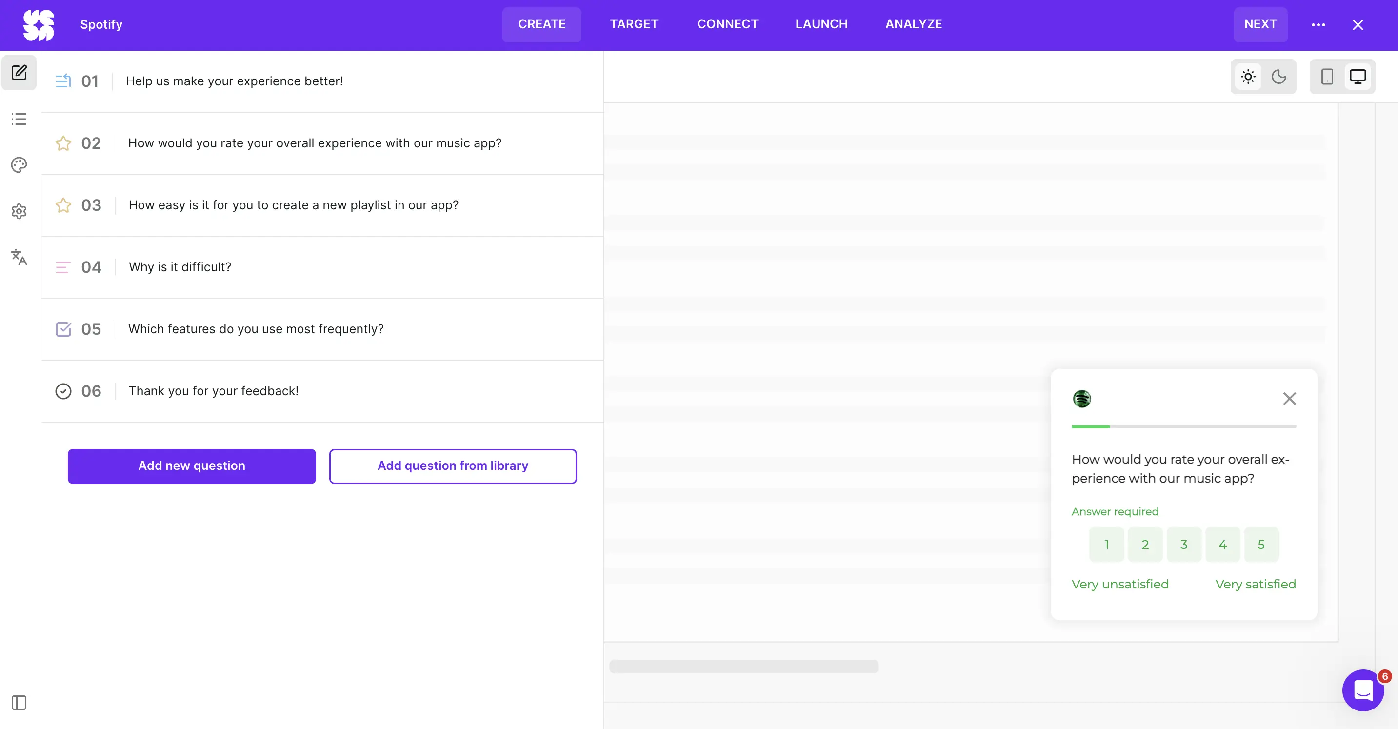 Survicate survey editor for a Spotify experience survey, with a satisfaction rating, a playlist-creation ease question that branches into a "why is it difficult?" follow-up, and a preview using tappable 1 to 5 buttons styled in Spotify green with the logo.