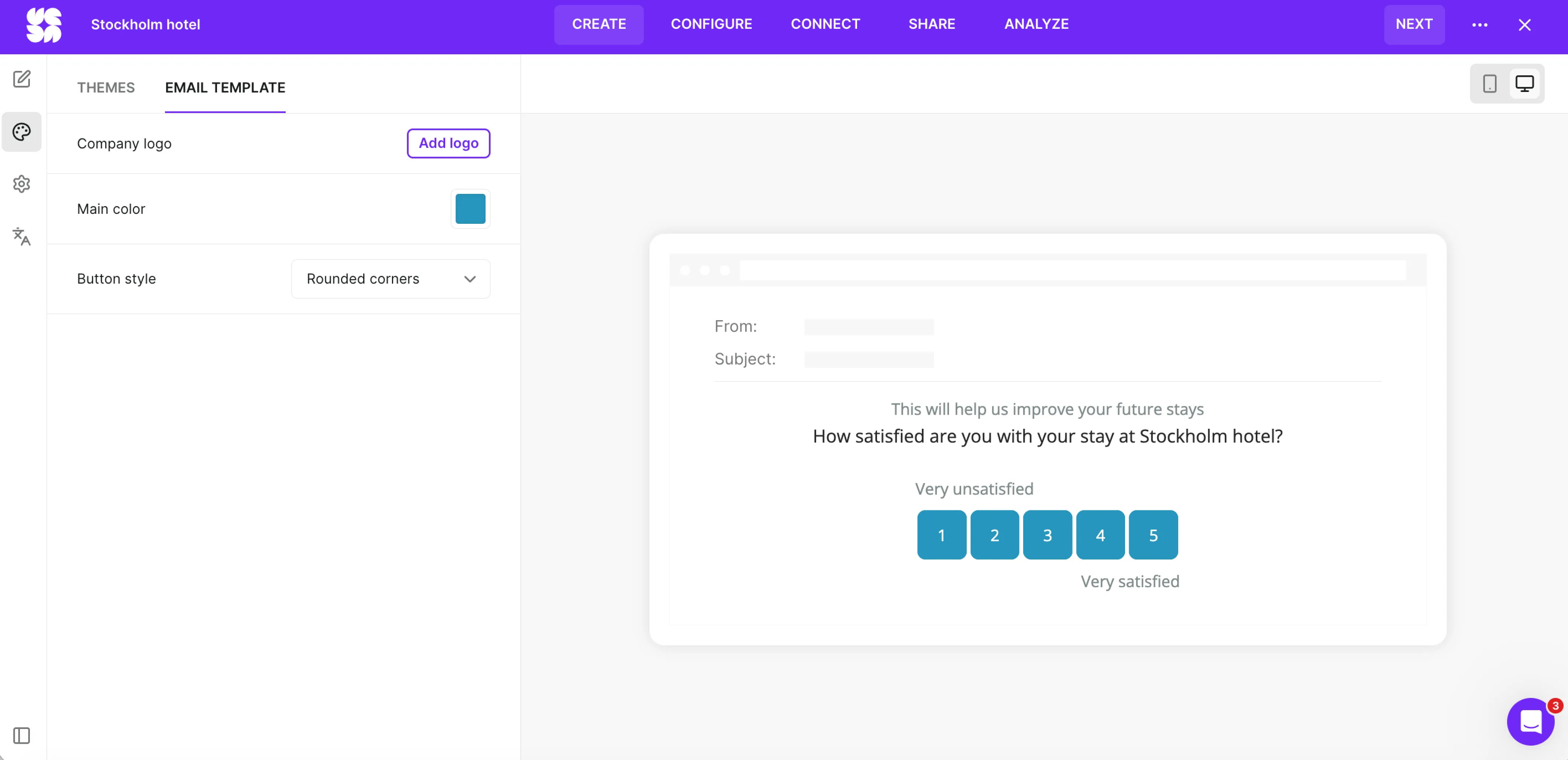 Survicate's survey embedded in an email with first question clickable directly from the message