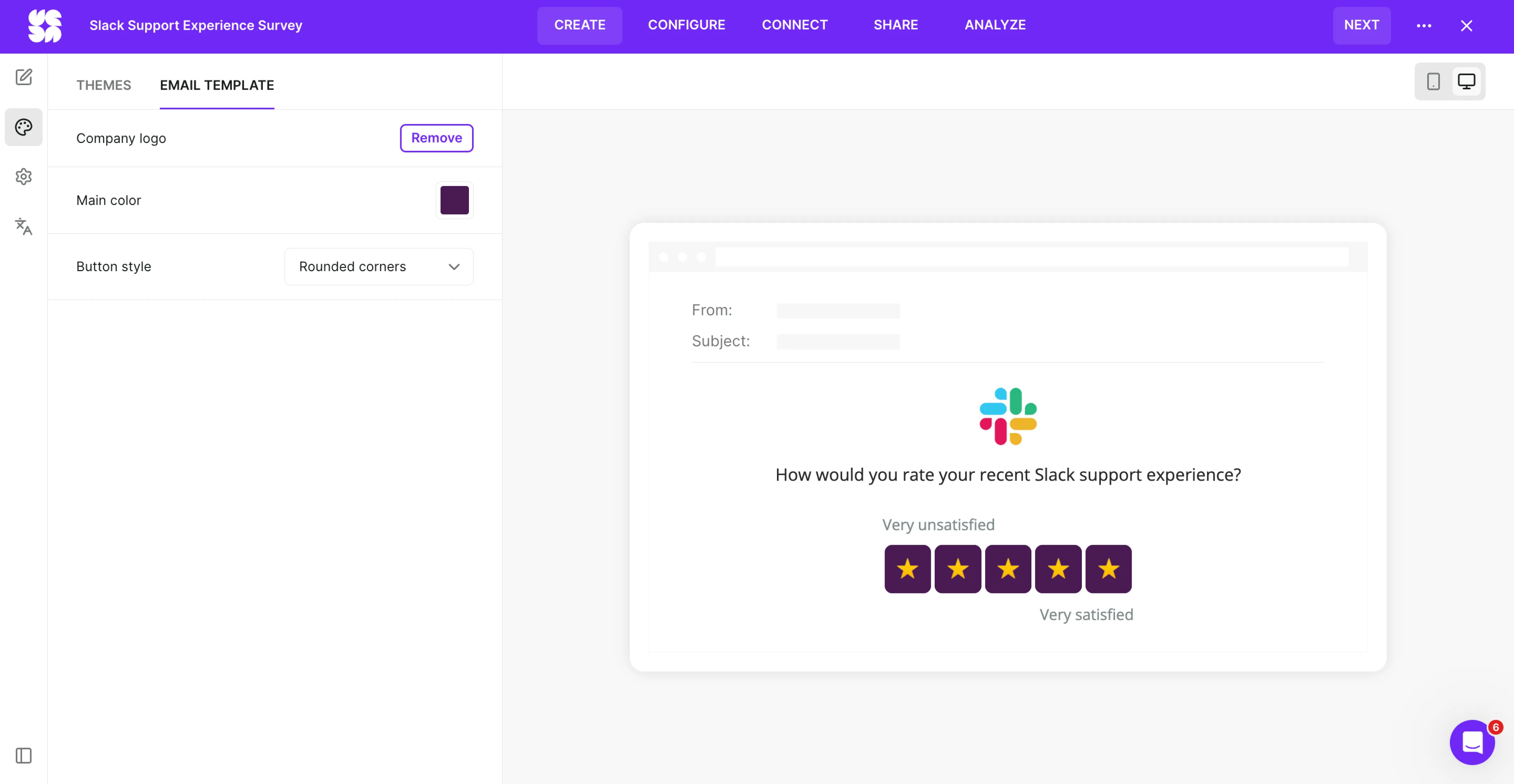 Survicate rebuild, Slack support experience survey (email template view): Survicate email template editor for a Slack support experience survey, showing the first question embedded directly in the email body with a star rating and the Slack logo, styled in Slack purple.