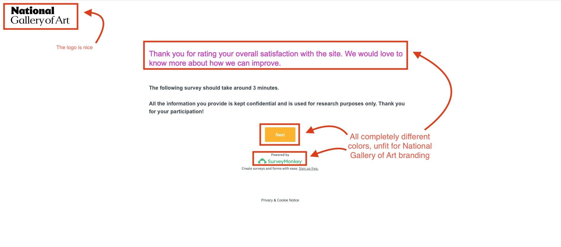 National Gallery of Art website serving two different feedback surveys back to back in the same visit.