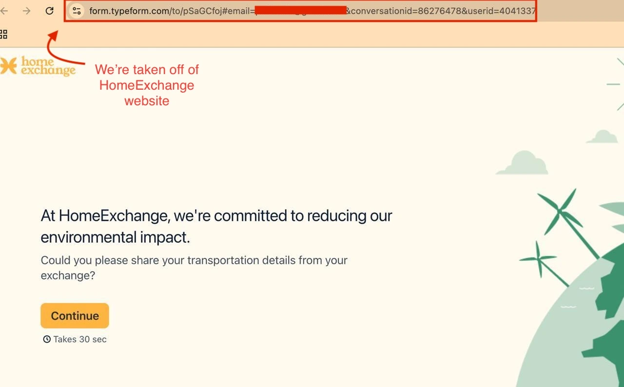 HomeExchange survey opened in Typeform, branded correctly but with a typeform.com address in the URL bar instead of homeexchange.com.