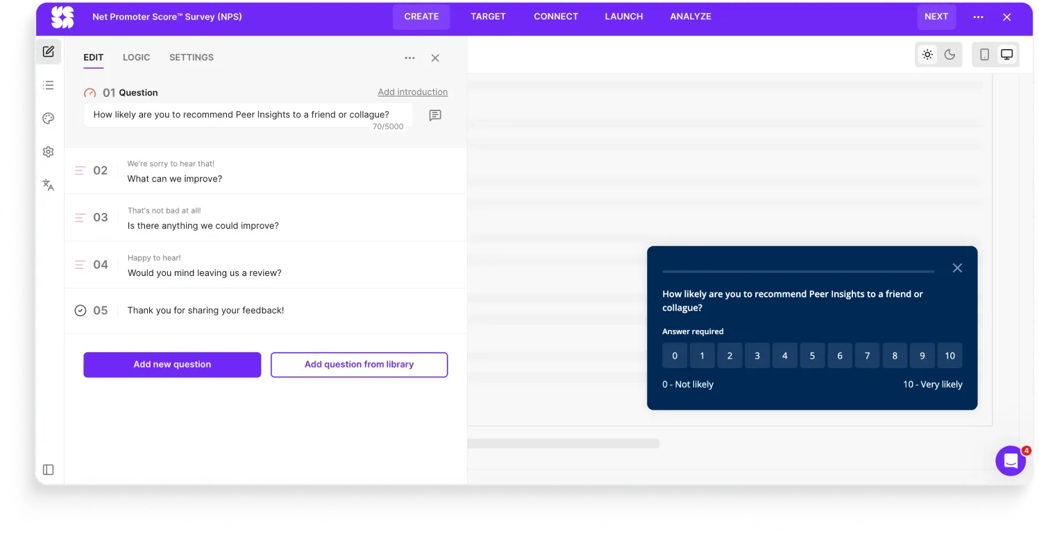 Survicate survey editor showing an NPS survey for Peer Insights, with branching follow-ups for detractors and promoters, and a preview using tappable 0 to 10 buttons labeled "Not likely" to "Very likely."