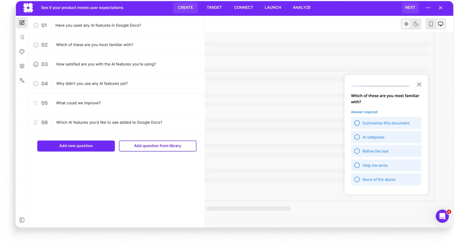 Survicate survey editor for a Google Docs AI-features survey, splitting recognition from usage across six questions with a follow-up on why users skipped the features, and a preview asking which features they know using plain UI labels with no parentheticals.