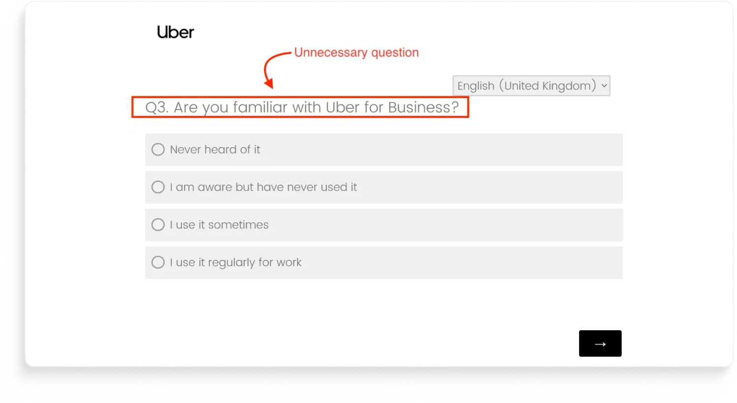 Uber for Business email survey built in Qualtrics, asking an active account holder whether they are familiar with Uber for Business.