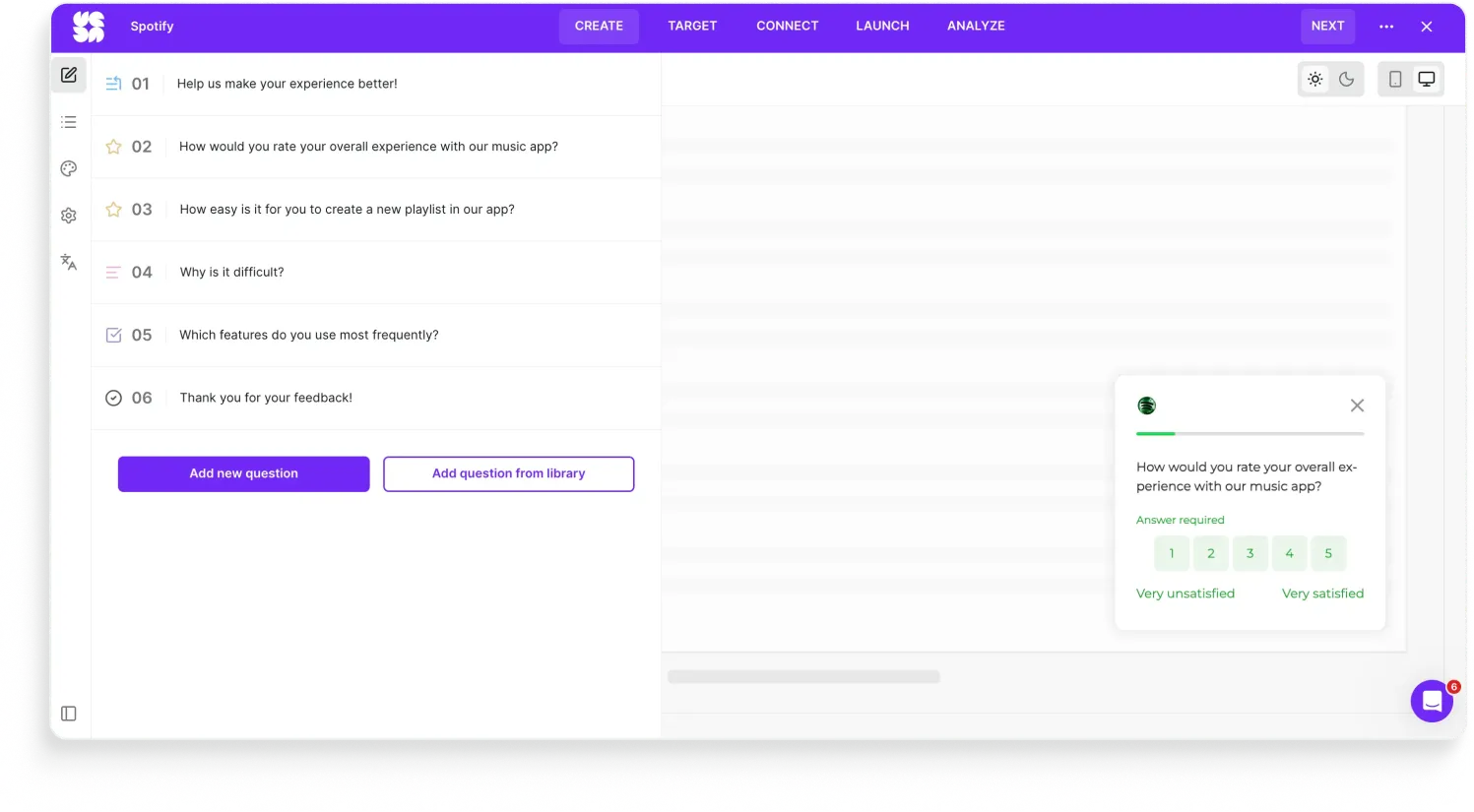 Survicate survey editor for a Spotify experience survey, with a satisfaction rating, a playlist-creation ease question that branches into a "why is it difficult?" follow-up, and a preview using tappable 1 to 5 buttons styled in Spotify green with the logo.