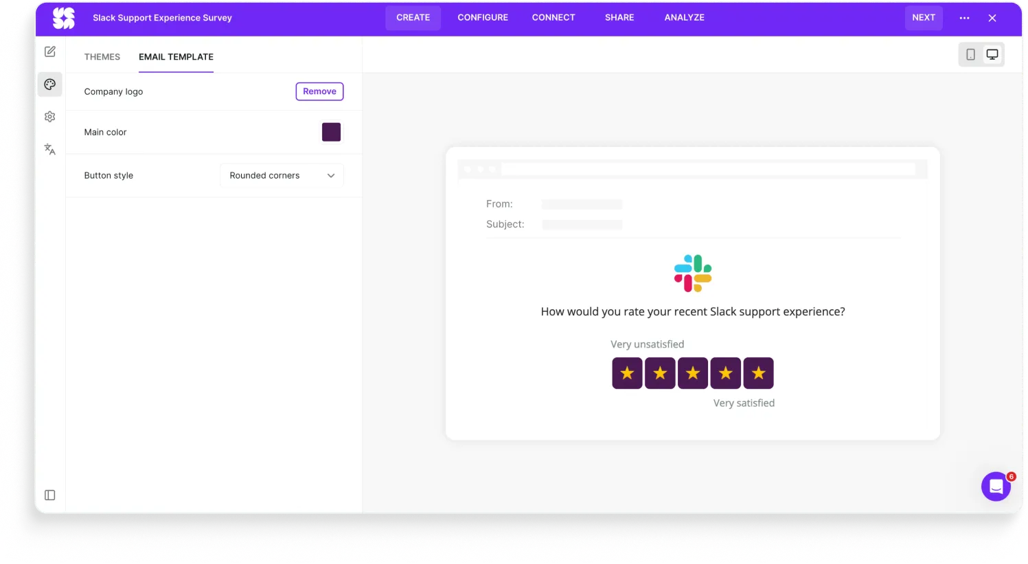 Survicate rebuild, Slack support experience survey (email template view):  Survicate email template editor for a Slack support experience survey, showing the first question embedded directly in the email body with a star rating and the Slack logo, styled in Slack purple.