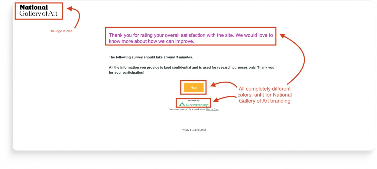 National Gallery of Art website serving two different feedback surveys back to back in the same visit.