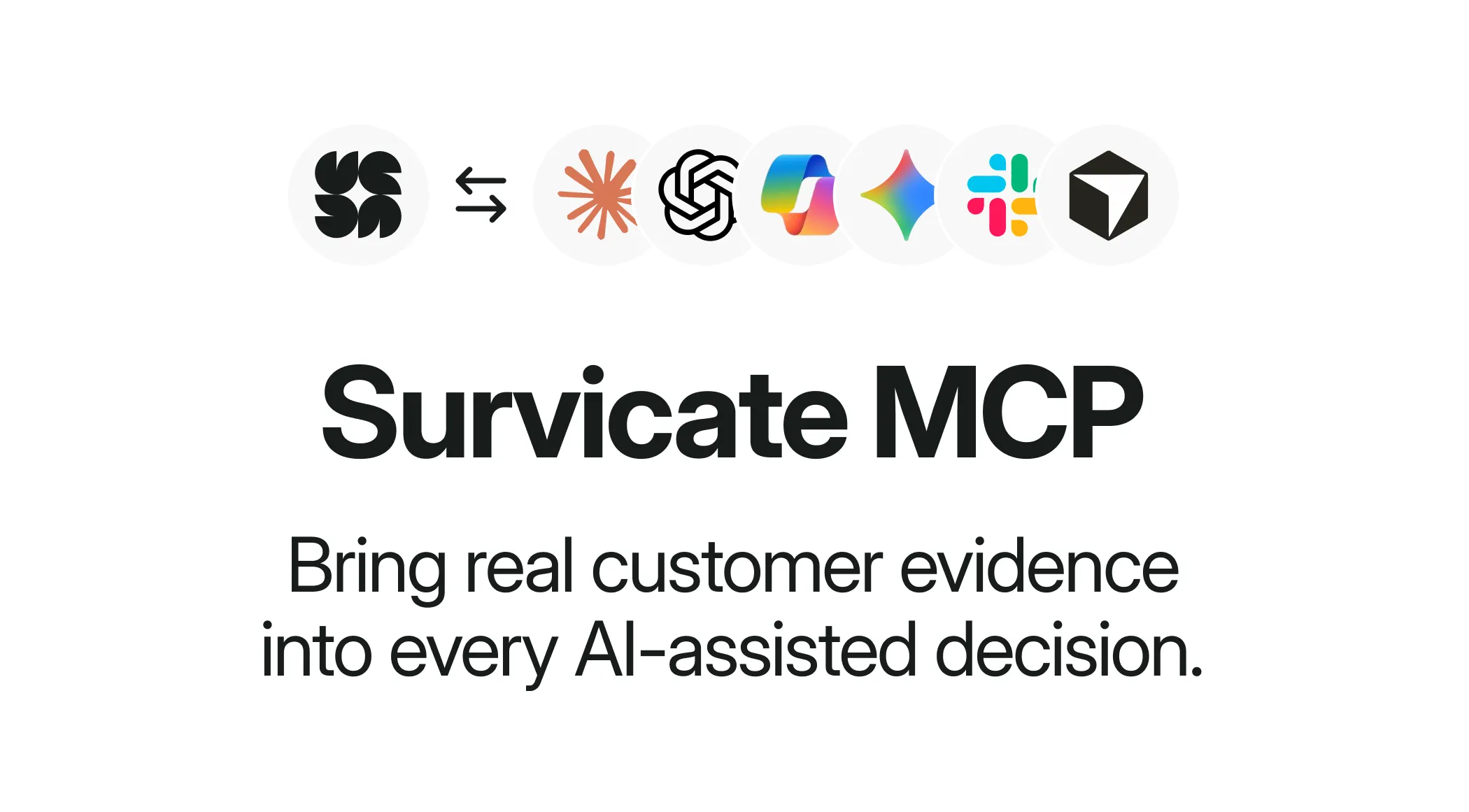 Survicate MCP banner: the Survicate logo connecting to Claude, ChatGPT, Copilot, Gemini, Slack, and Cursor