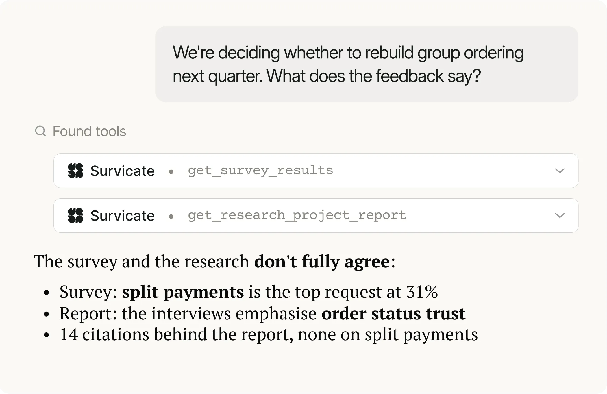Survicate MCP comparing survey results and a research report on group ordering, showing the survey's top request and the report's emphasis don't match