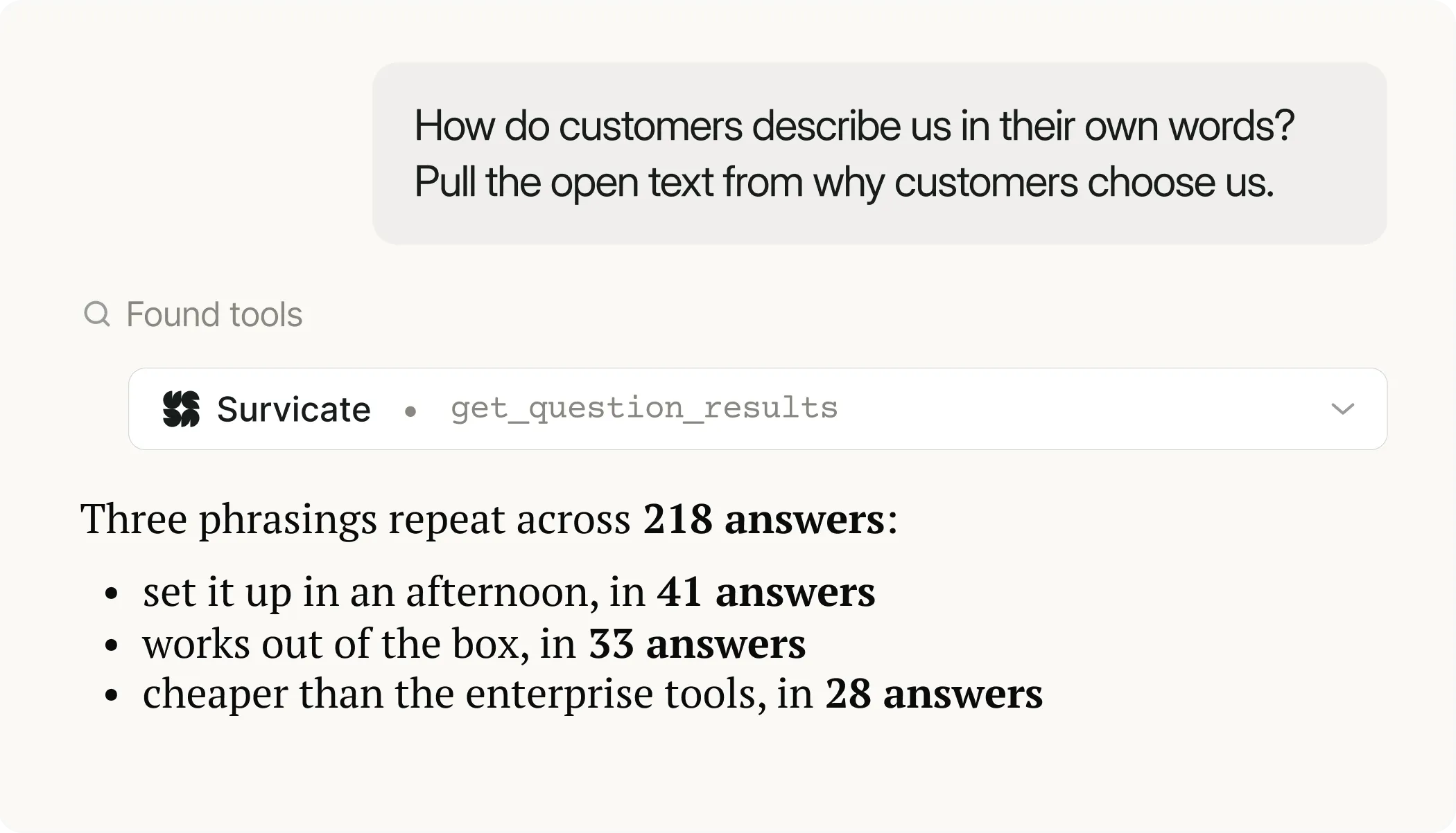 Survicate MCP surfacing the three phrasings customers repeat most across 218 open-text answers about why they chose the product