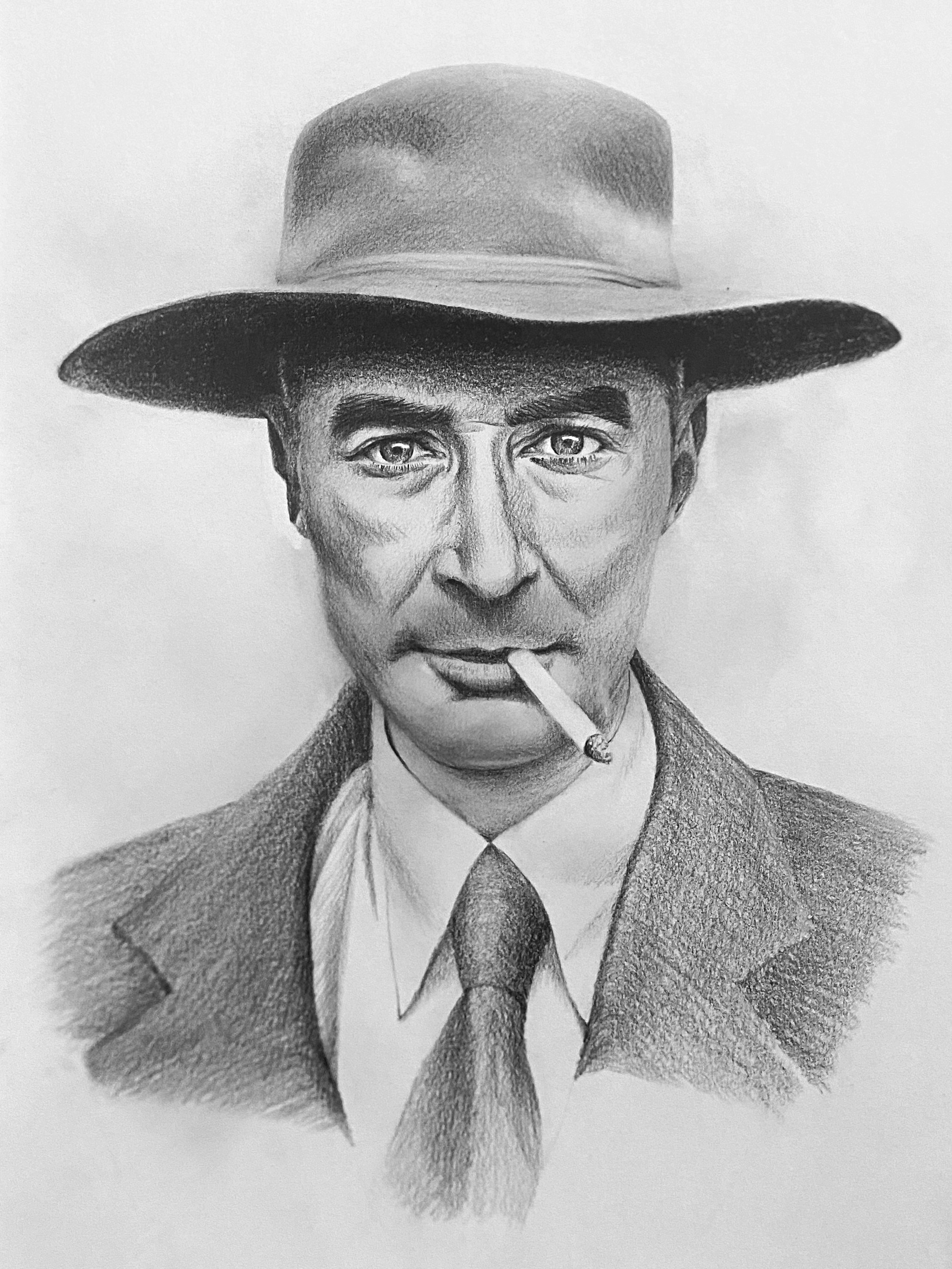 A portrait of J. Robert Oppenheimer.