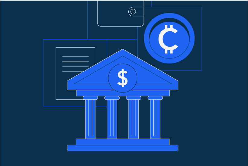 Illustration of a traditional financial institution symbolized by a classical columned building with a dollar sign, overlaid with digital asset icons including a crypto coin and digital wallet. The image represents the intersection of traditional finance and digital assets in the context of compliance and blockchain intelligence.