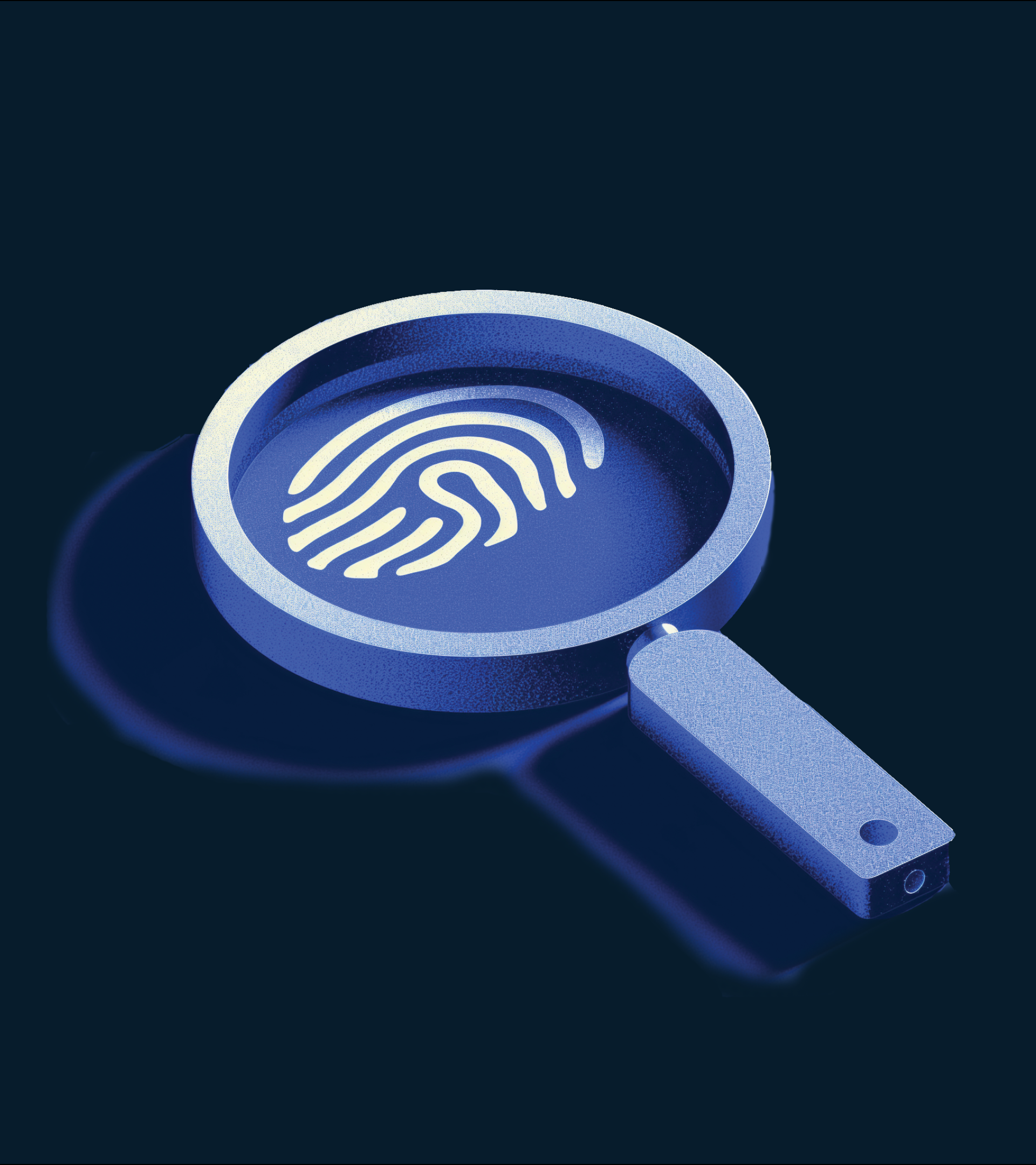 3D illustration of a blue magnifying glass hovering over a digital fingerprint on a dark background, symbolizing crypto investigations or forensic analysis.