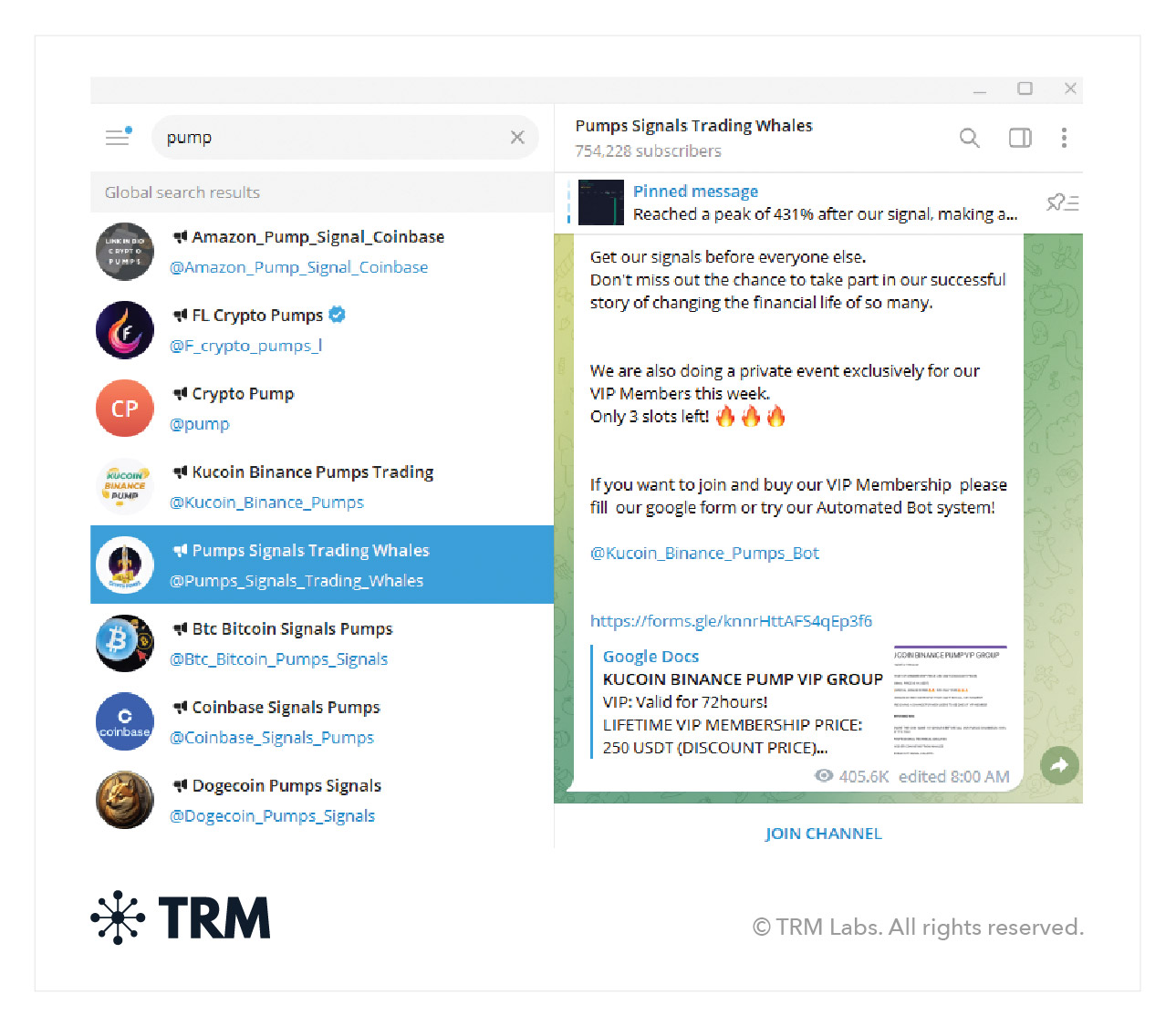 Example of a pump-and-dump “signal” group on Telegram.