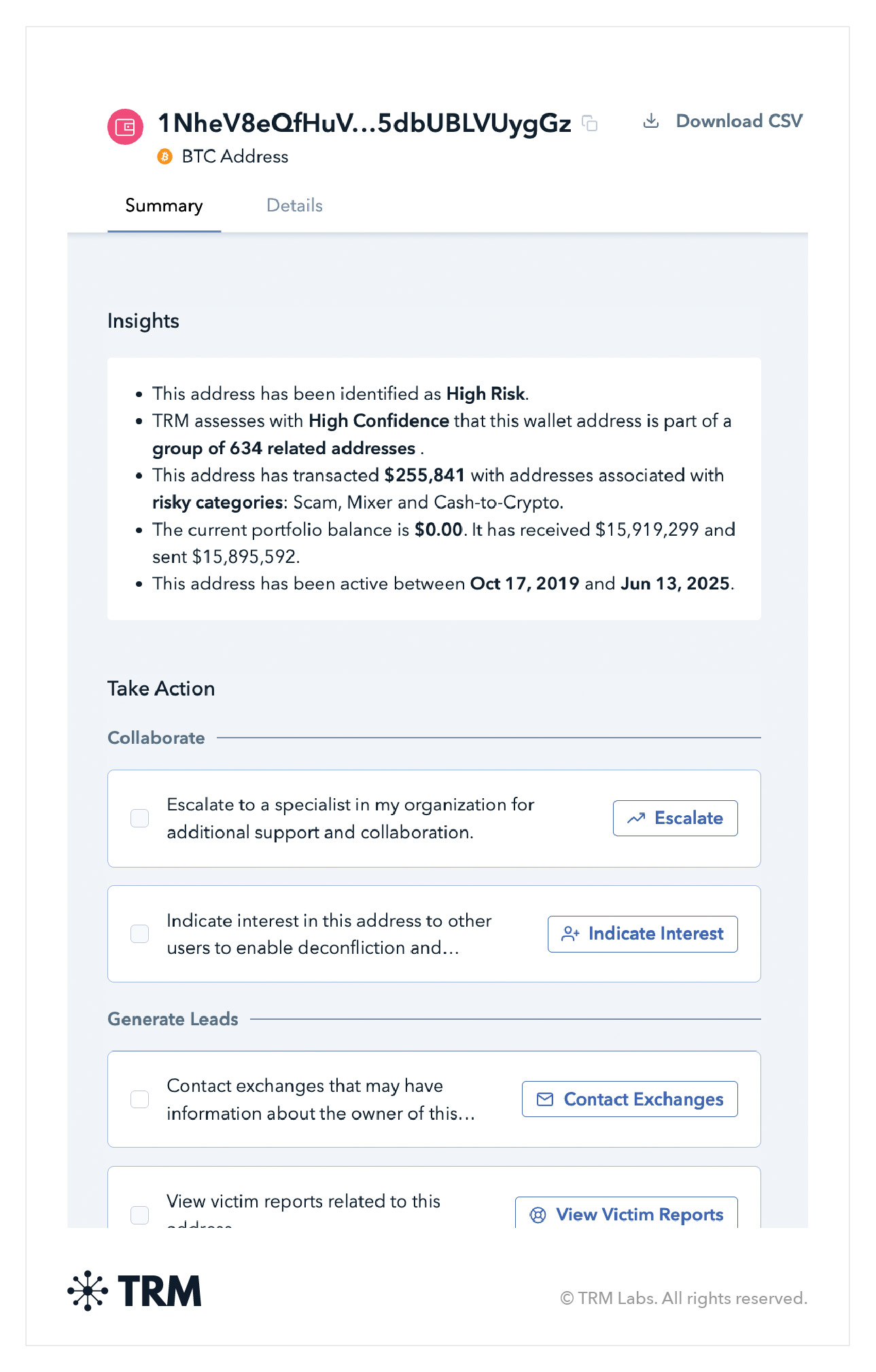 Example of address-level insights and suggested actions in TRM Triage